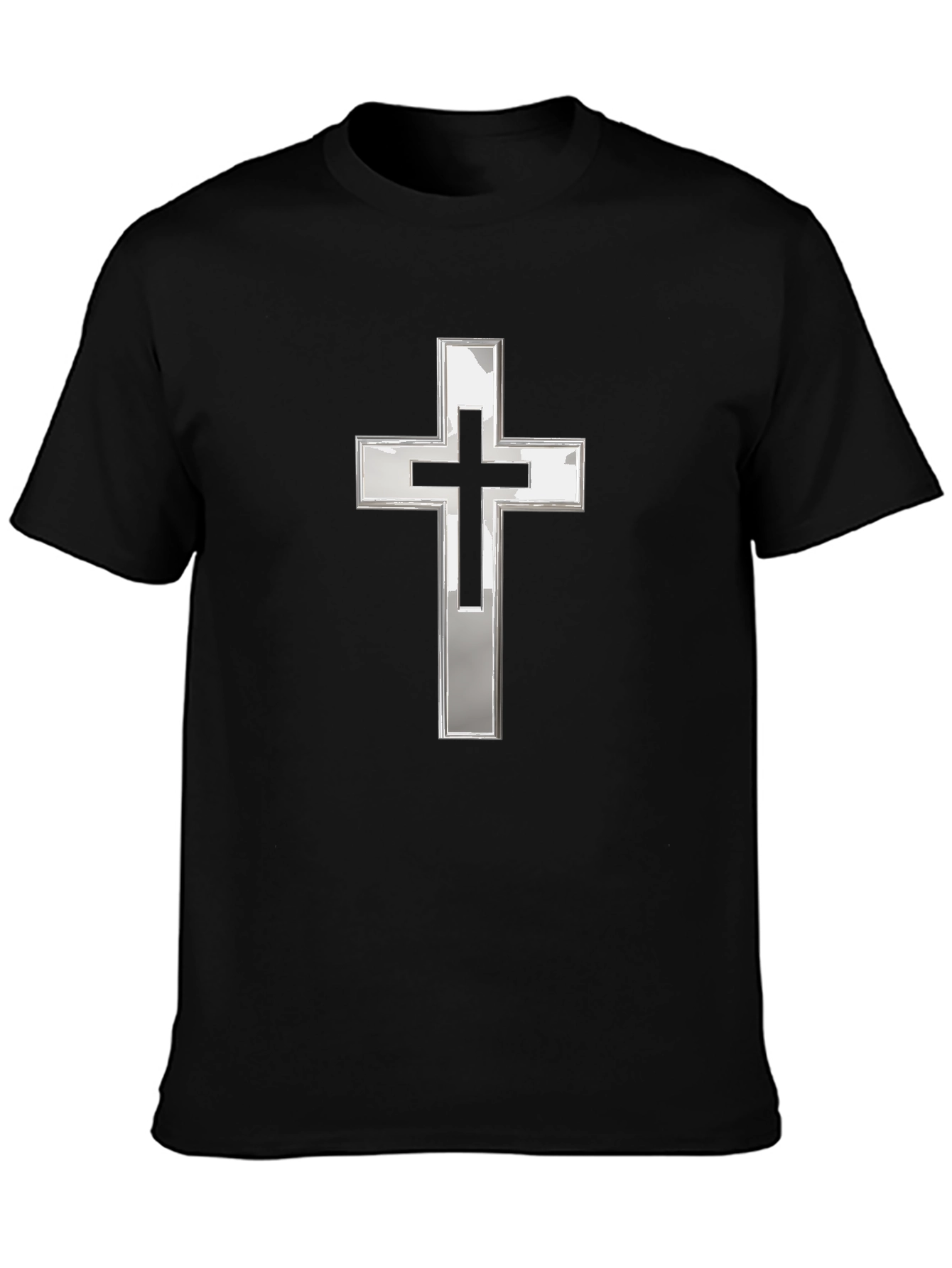 Black T-Shirt with Silver Christian Cross Graphic