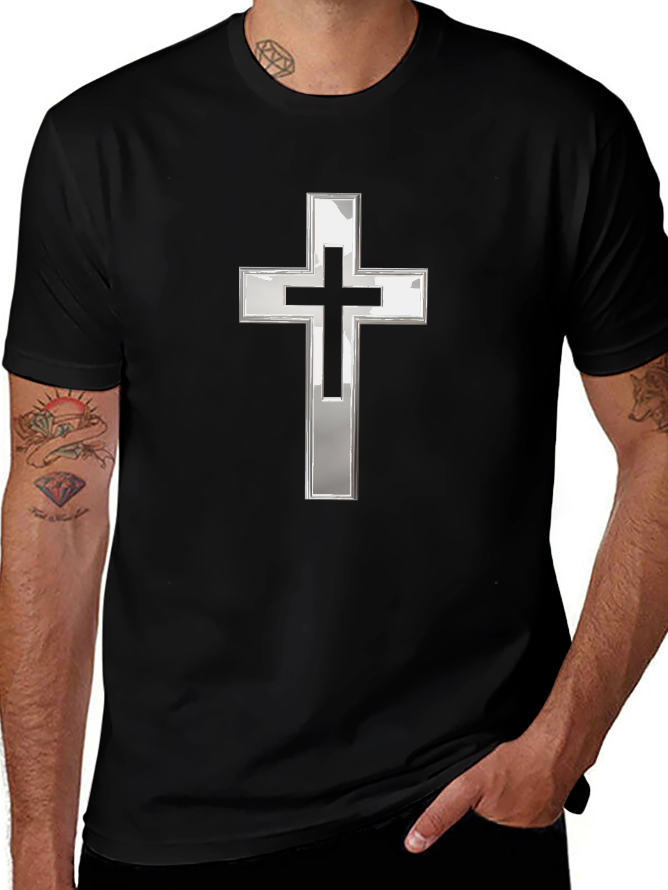 Black T-Shirt with Silver Christian Cross Graphic