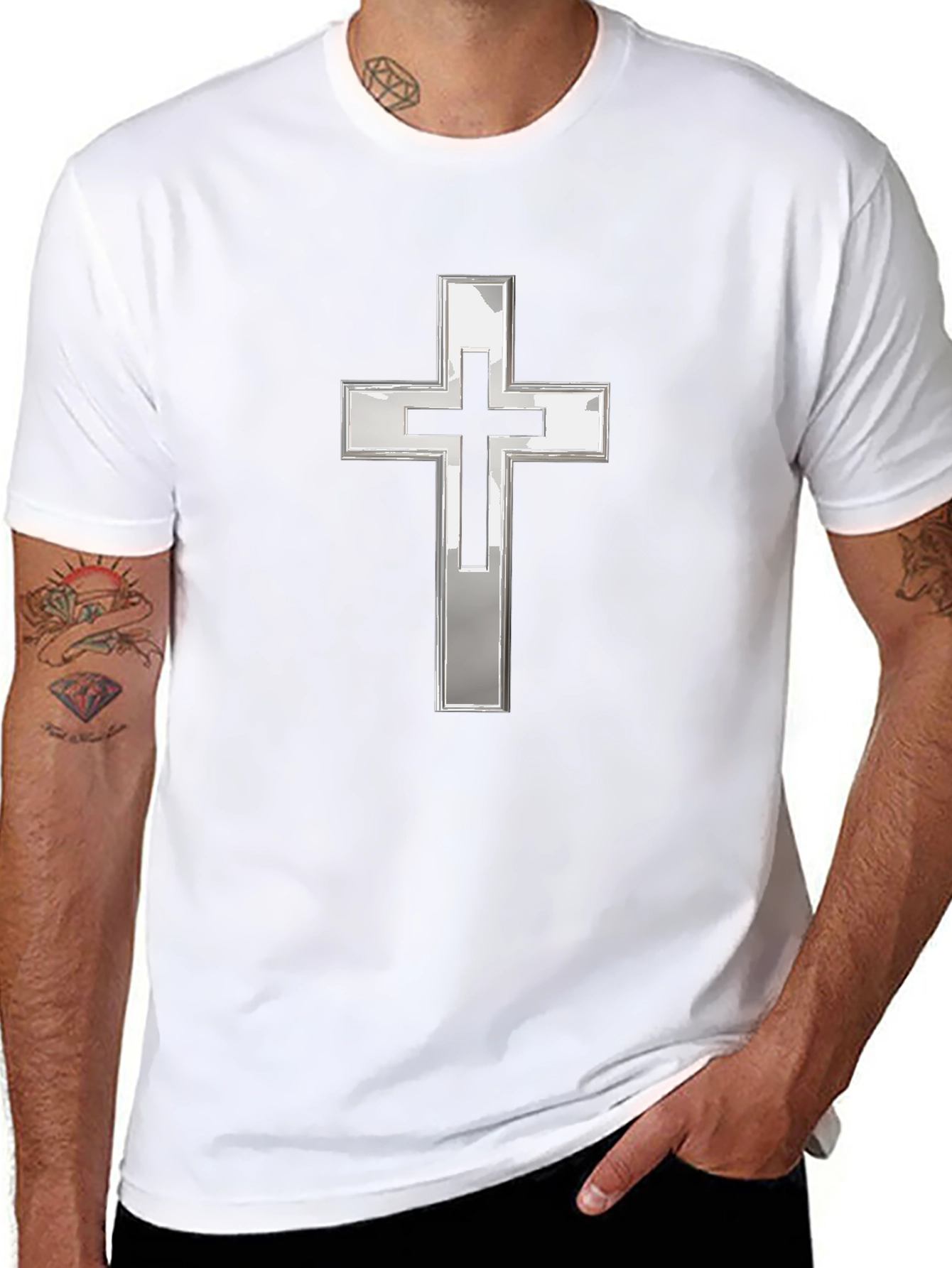 Black T-Shirt with Silver Christian Cross Graphic
