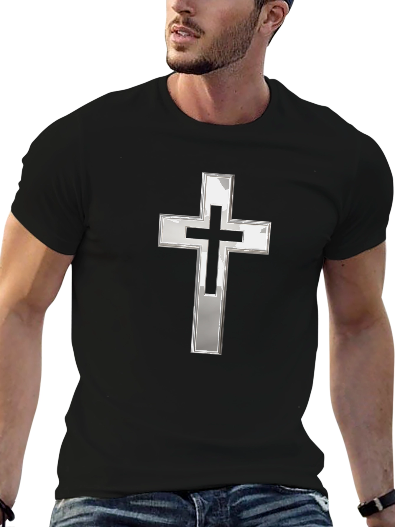 Black T-Shirt with Silver Christian Cross Graphic