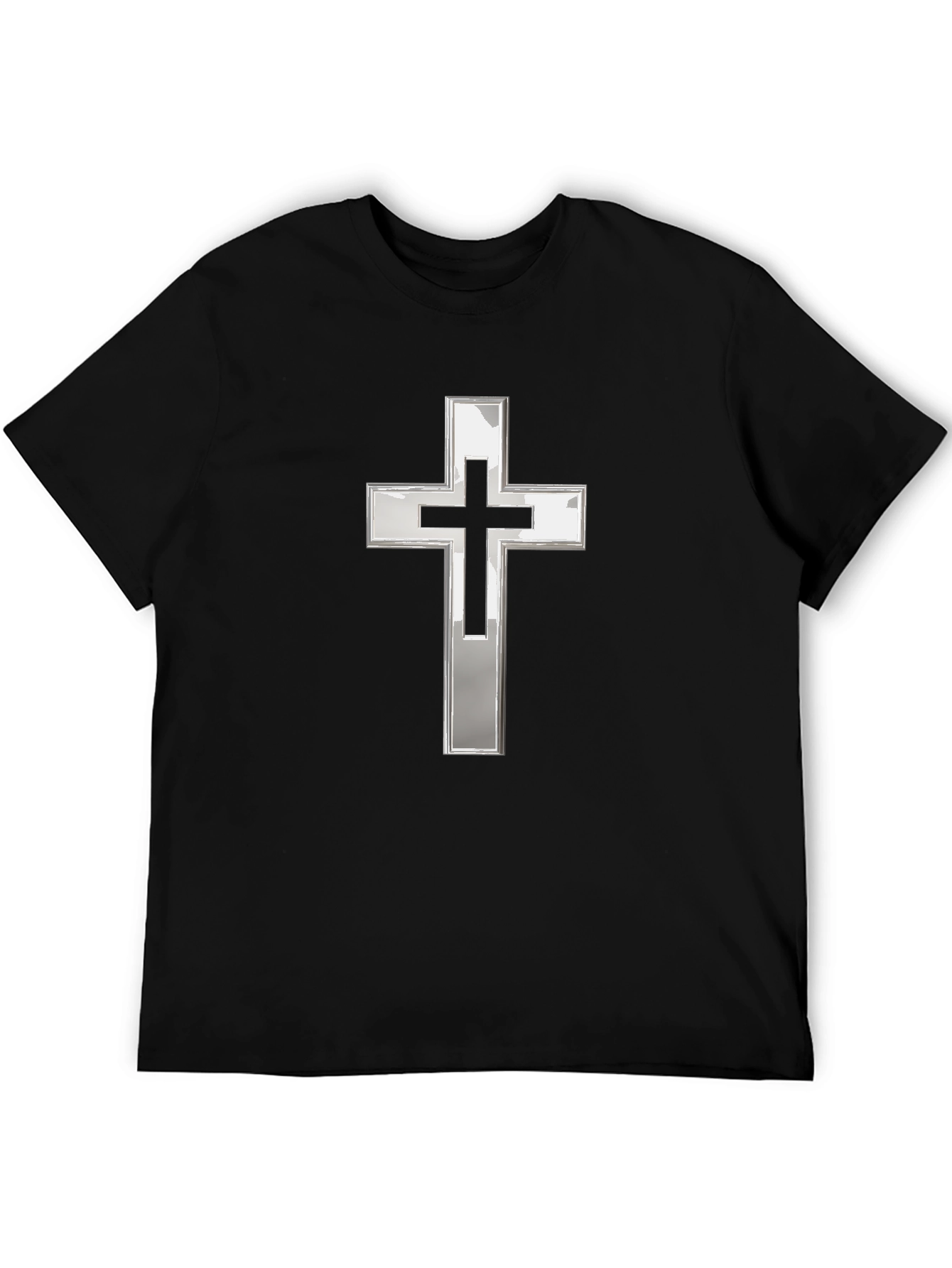 Black T-Shirt with Silver Christian Cross Graphic