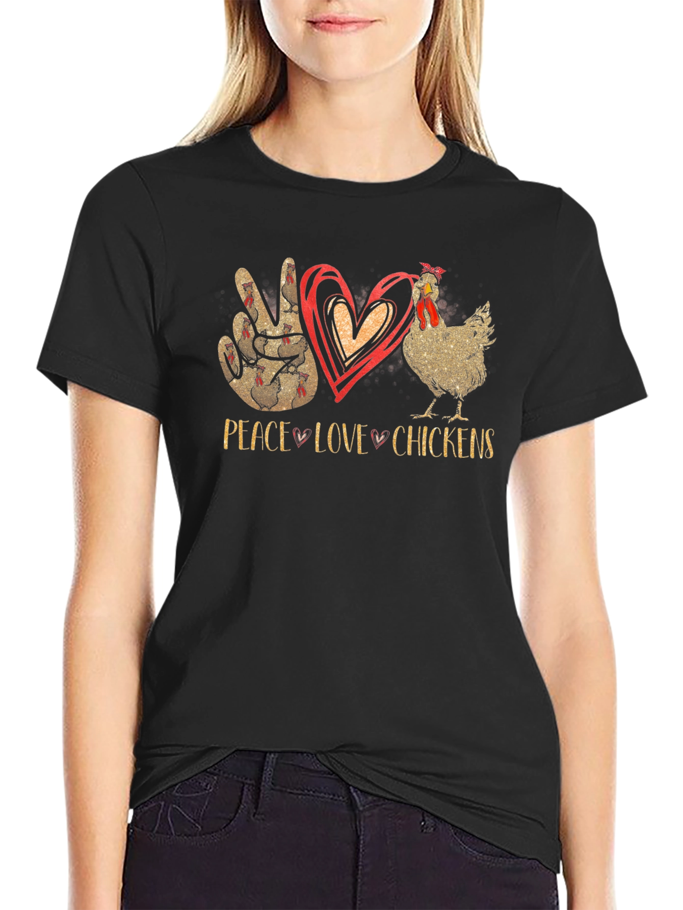 Peace Love Chickens T-Shirt Black Cotton Graphic Tee