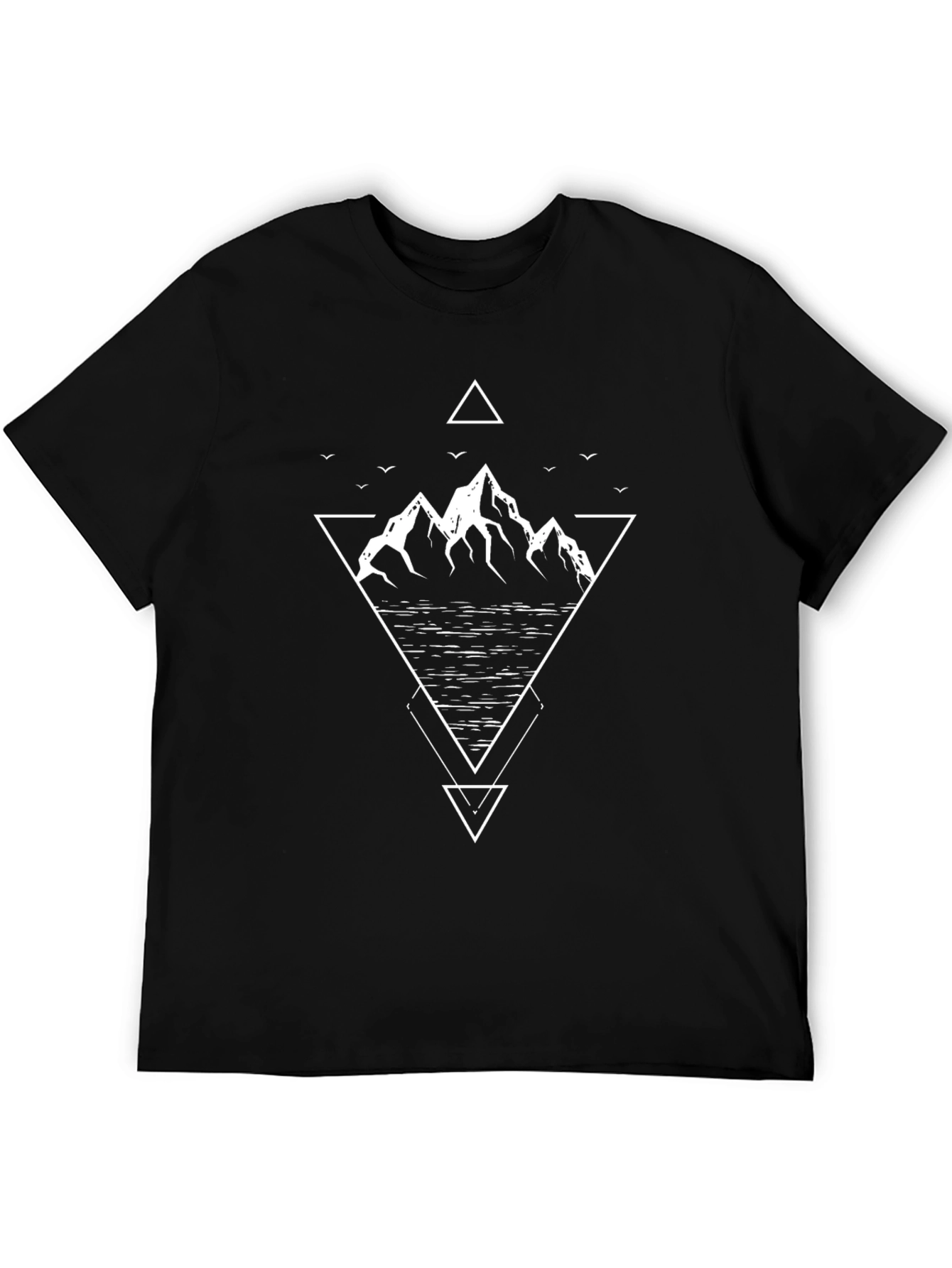 Geometric Mountain Design Tee - Black Cotton T-Shirt