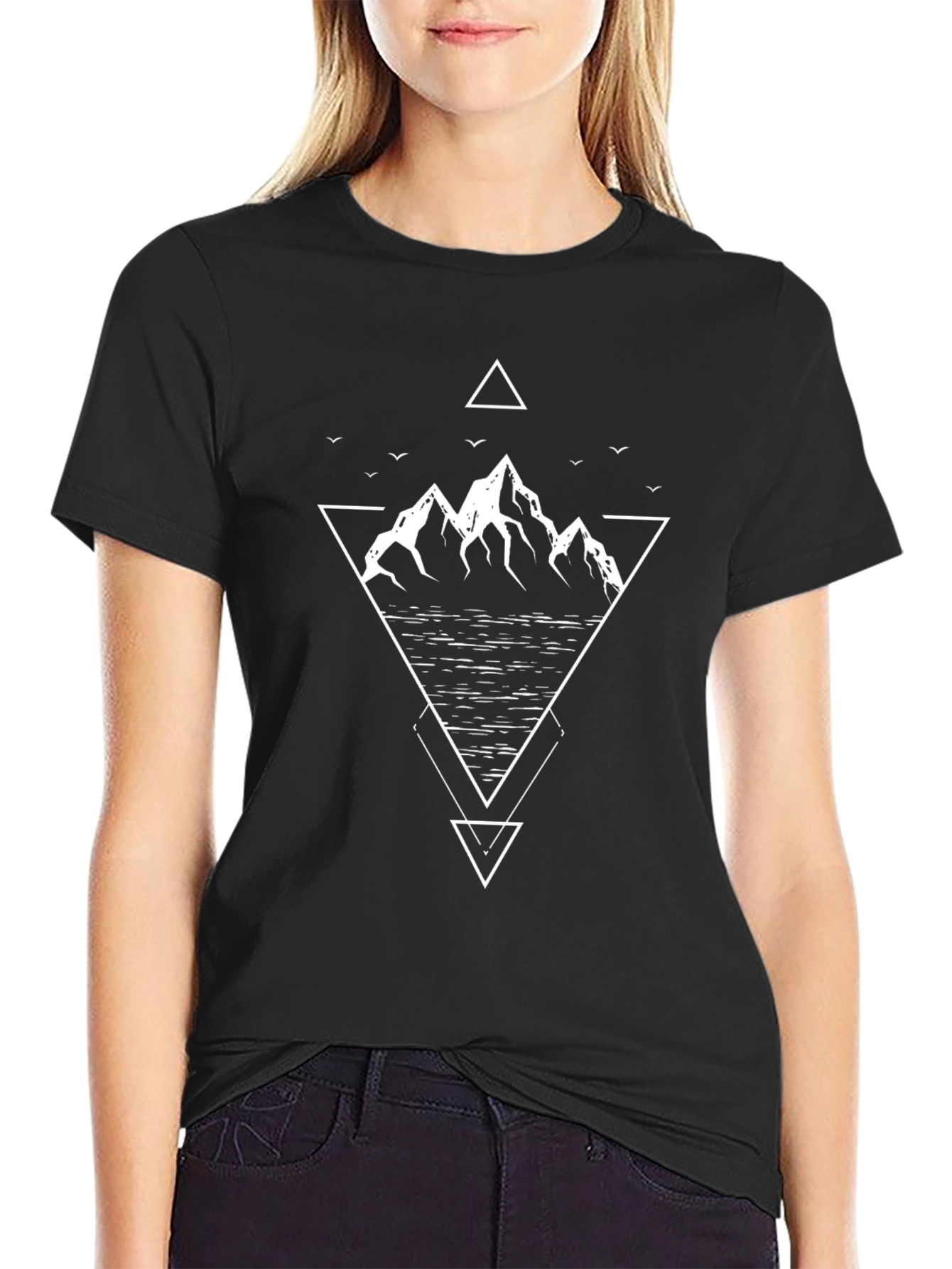 Geometric Mountain Design Tee - Black Cotton T-Shirt