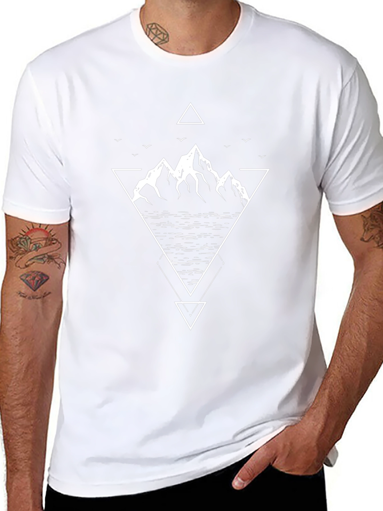 Geometric Mountain Design Tee - Black Cotton T-Shirt