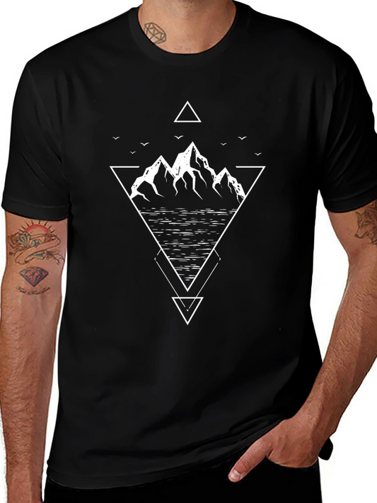 Geometric Mountain Design Tee - Black Cotton T-Shirt