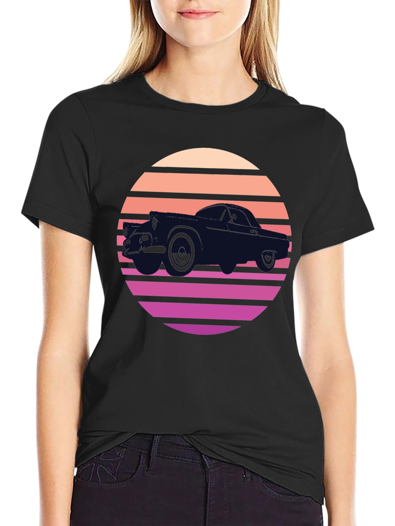 Retro Car Sunset Black T-Shirt