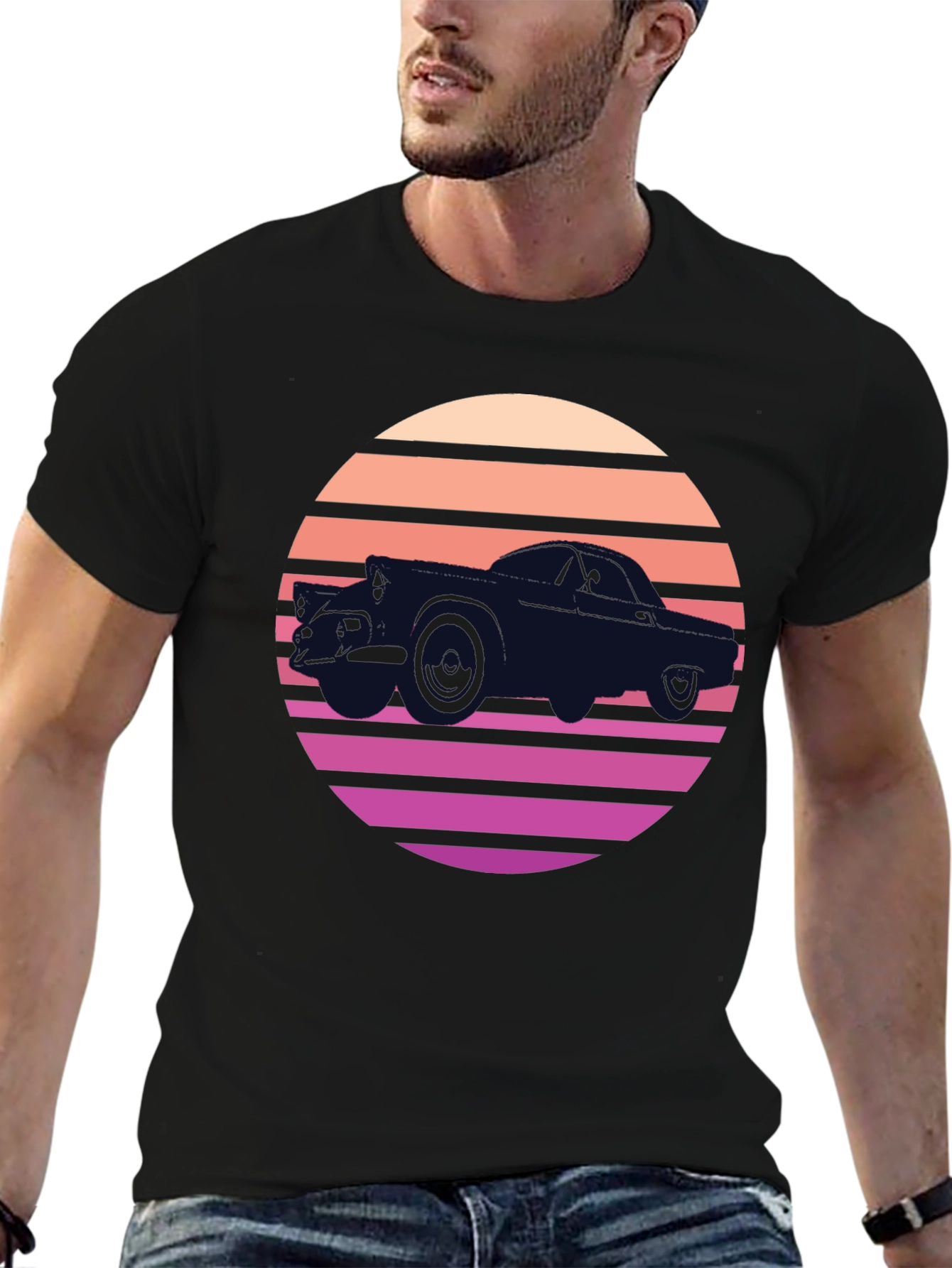 Retro Car Sunset Black T-Shirt