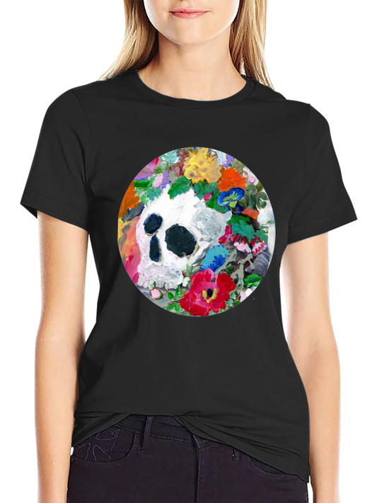 Floral Skull T-Shirt: Black Crew Neck Tee