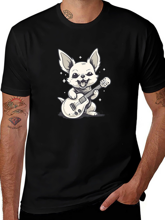 Dog Guitarist Graphic Tee - Black Cotton T-Shirt