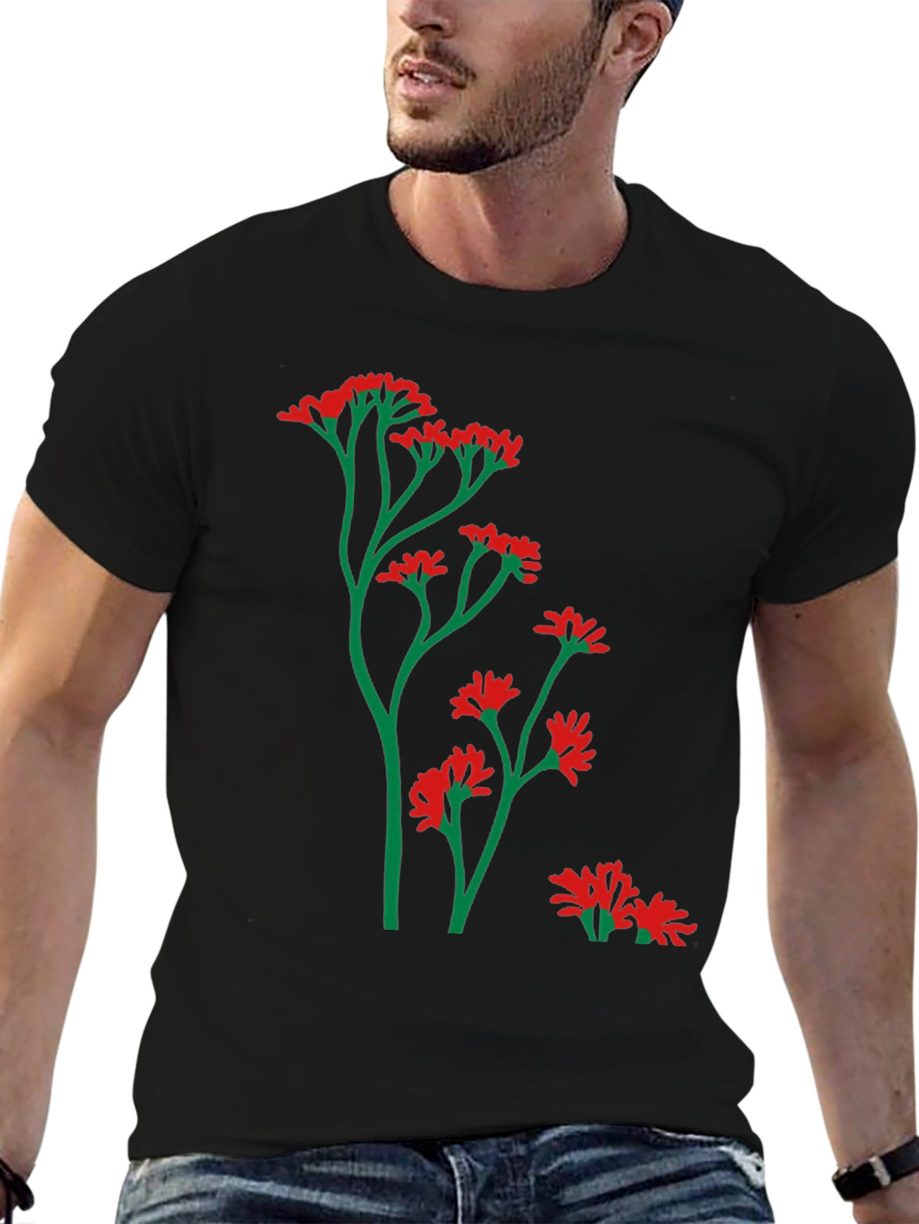 Mens Black T-Shirt with Floral Design