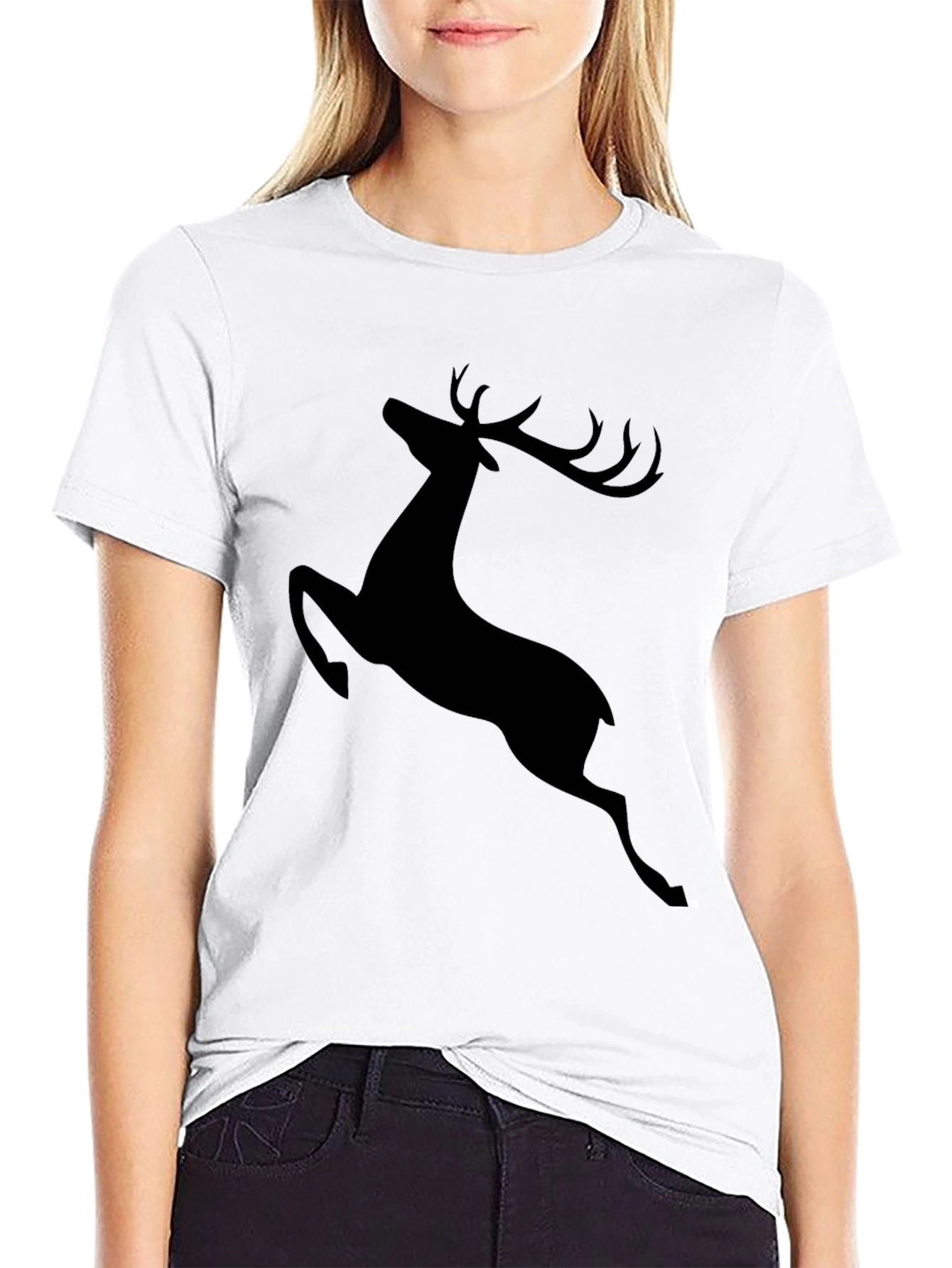 Mens Black T-Shirt with Jumping Deer Graphic