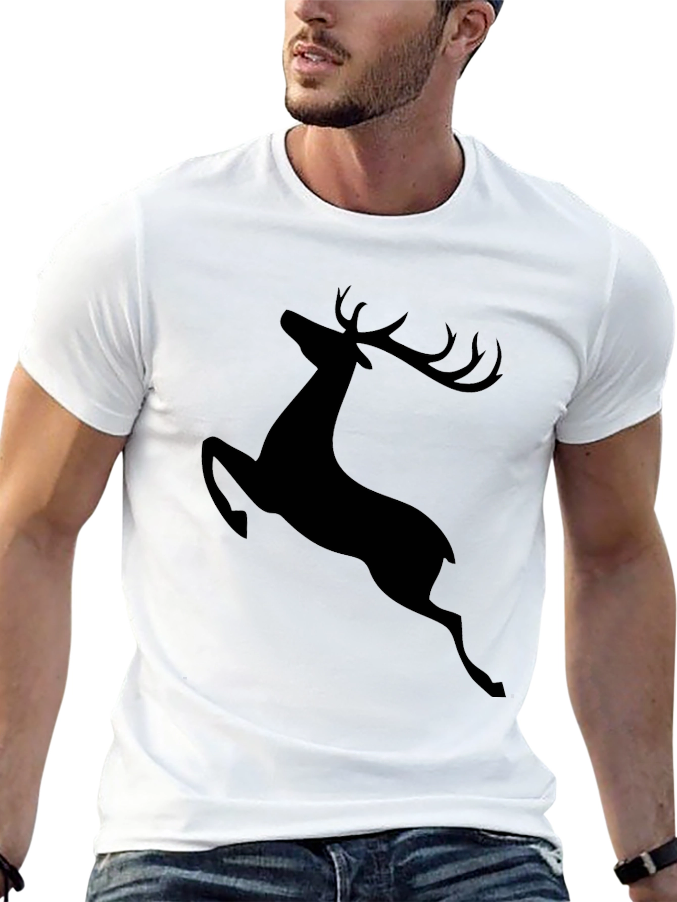 Mens Black T-Shirt with Jumping Deer Graphic