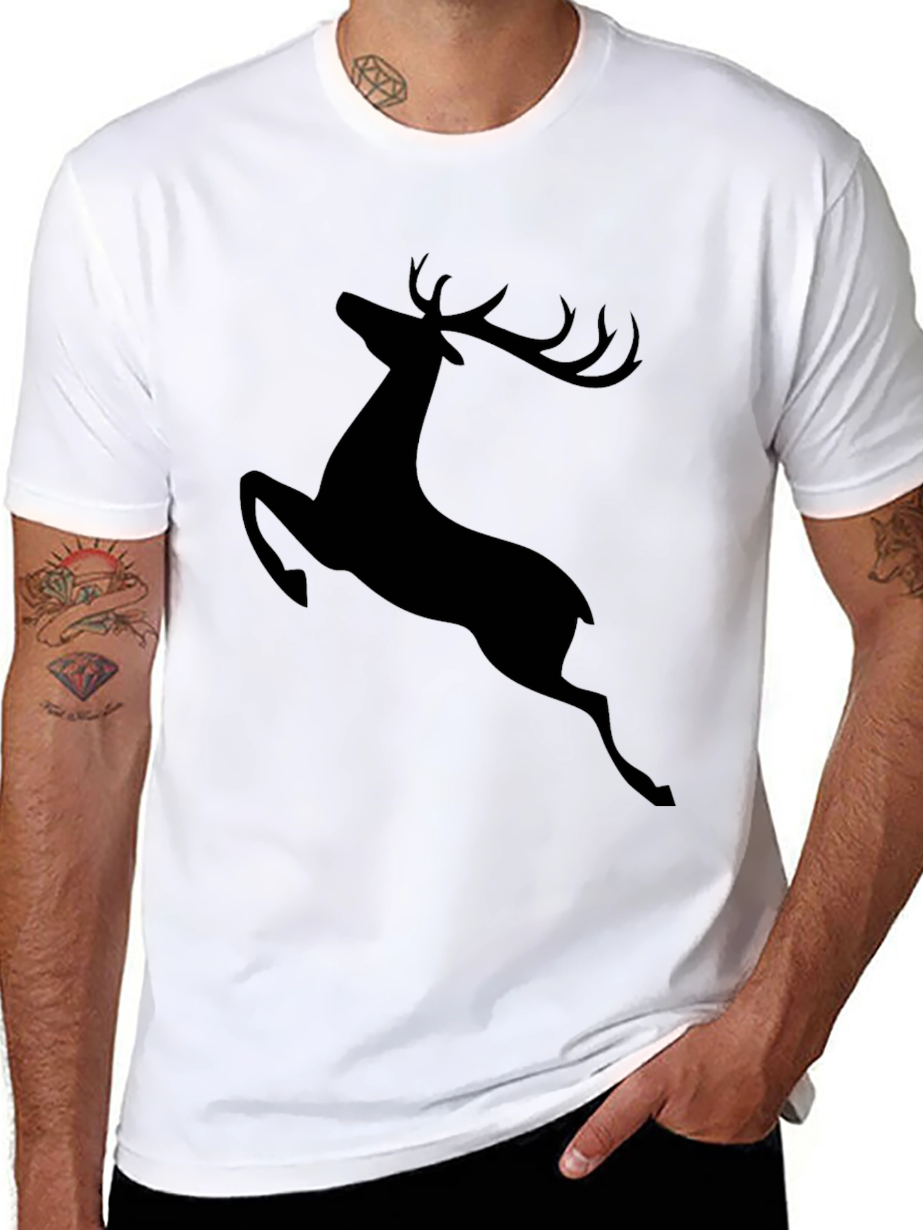 Mens Black T-Shirt with Jumping Deer Graphic