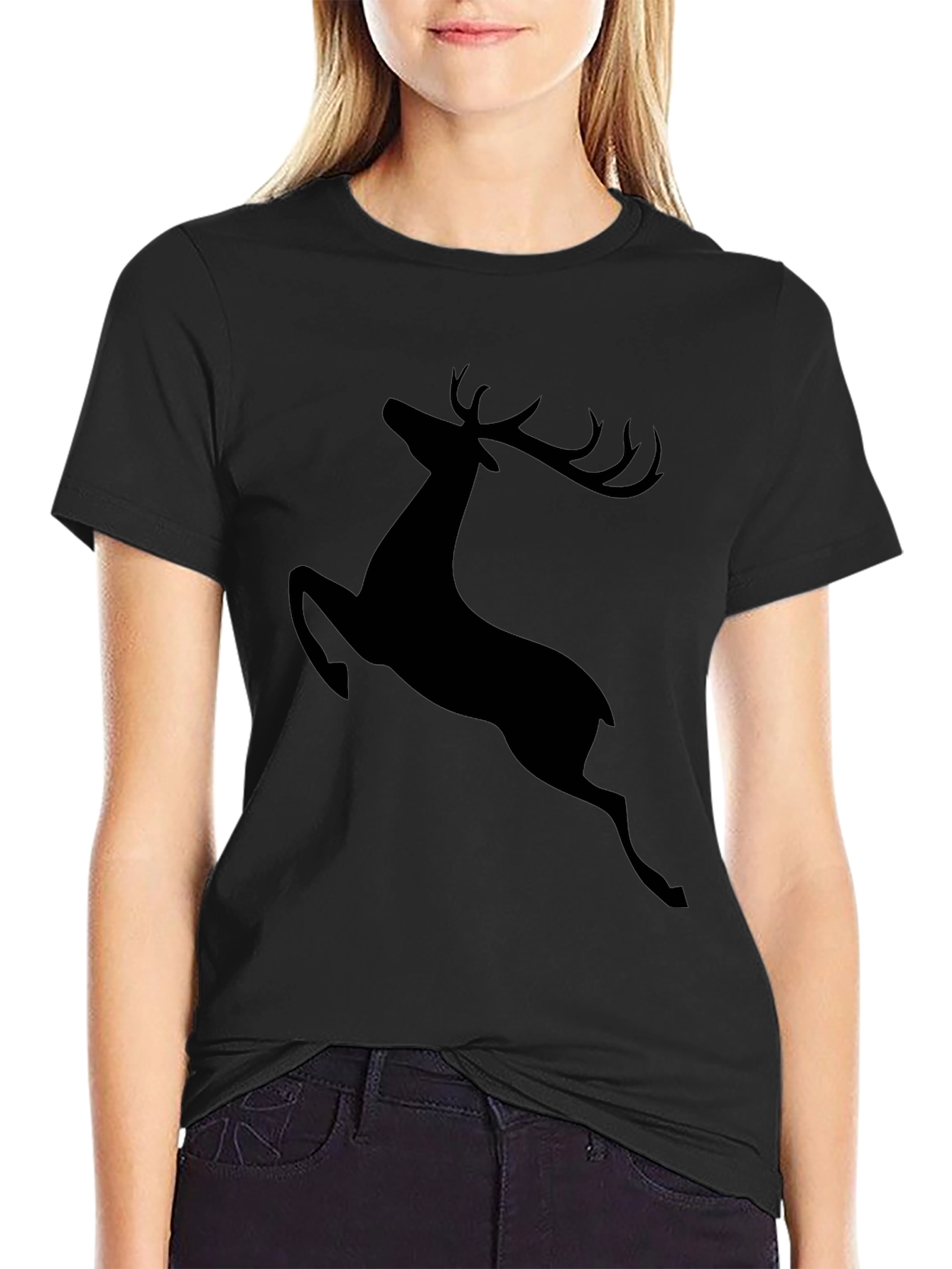 Mens Black T-Shirt with Jumping Deer Graphic