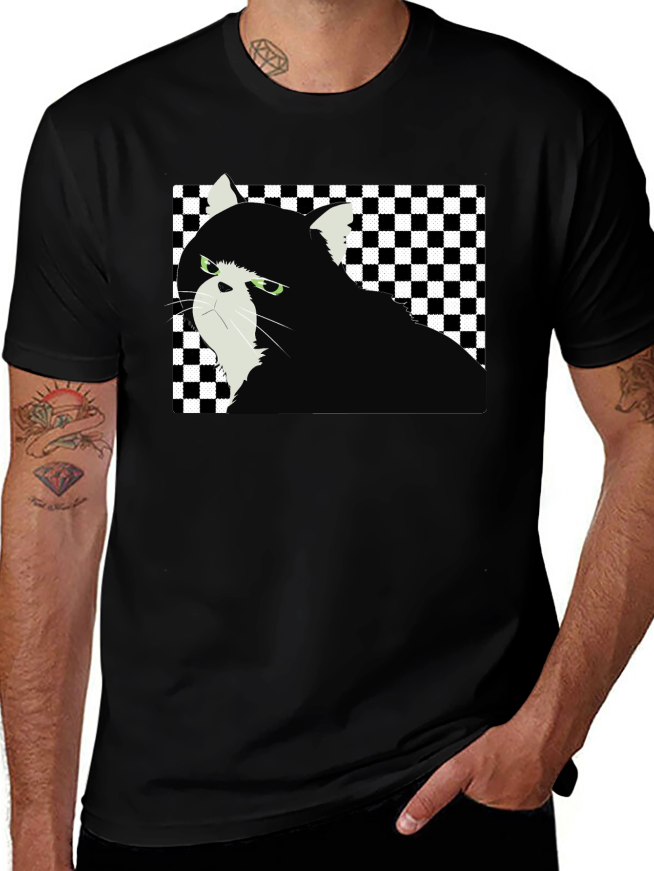 Grumpy Cat Checkered T-Shirt - Unisex Black Tee