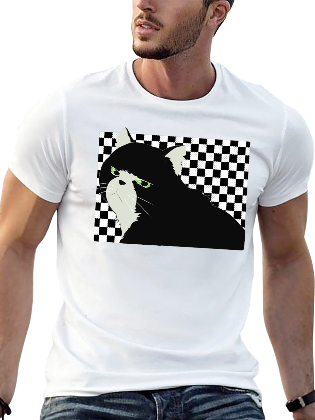 Grumpy Cat Checkered T-Shirt - Unisex Black Tee