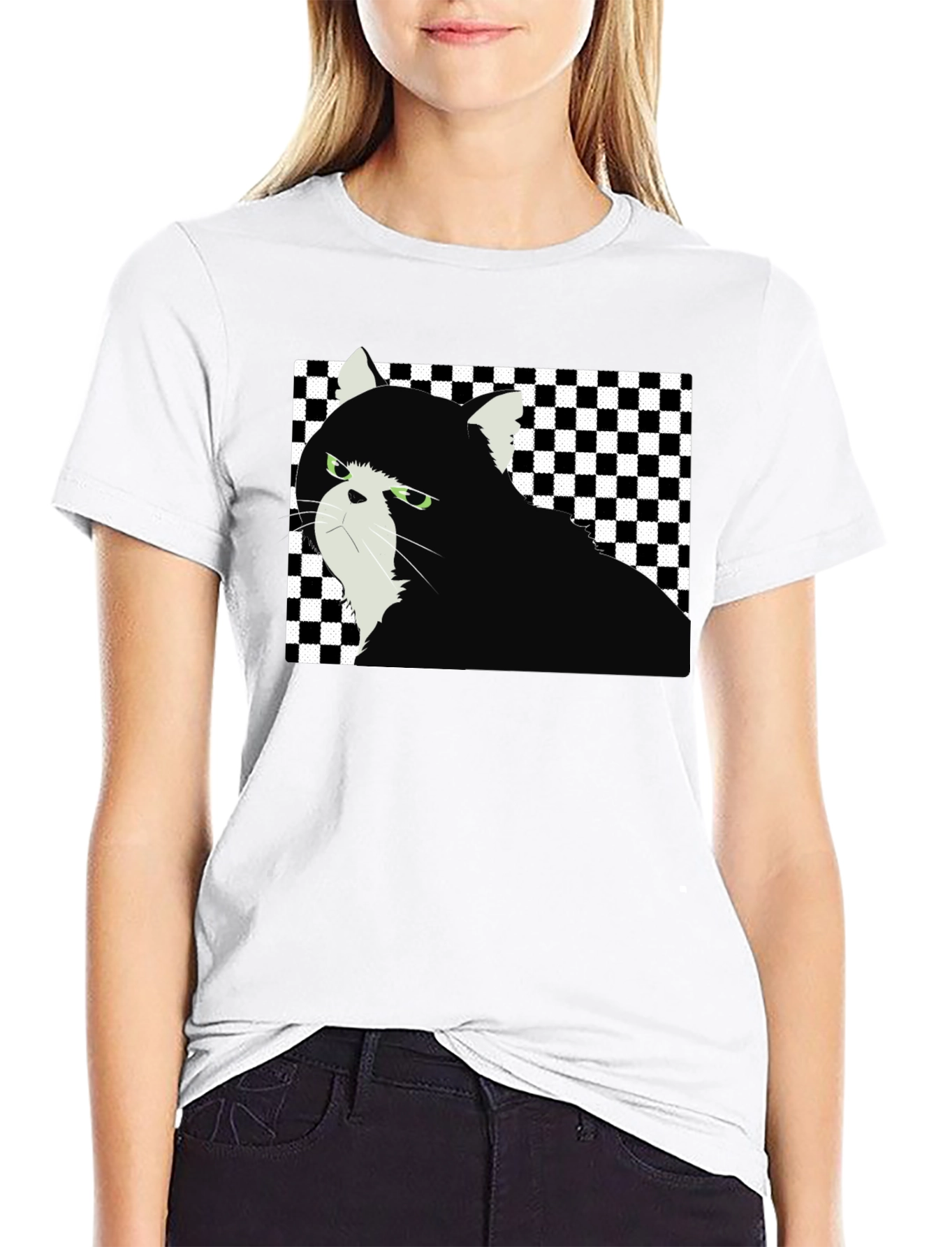 Grumpy Cat Checkered T-Shirt - Unisex Black Tee