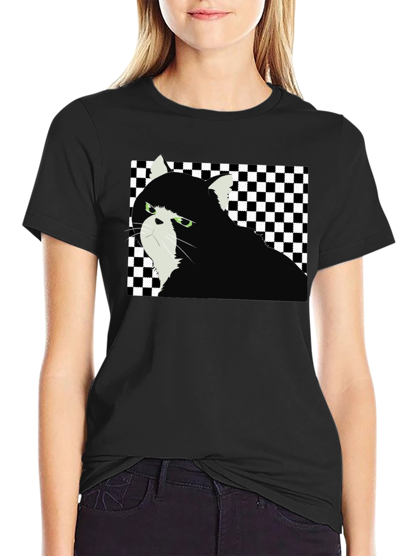 Grumpy Cat Checkered T-Shirt - Unisex Black Tee