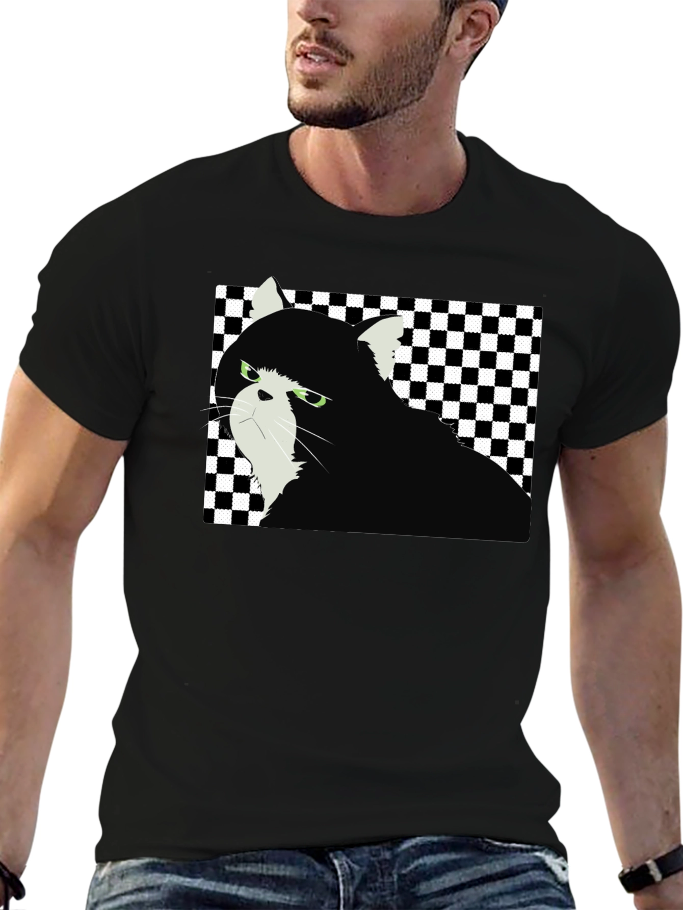 Grumpy Cat Checkered T-Shirt - Unisex Black Tee