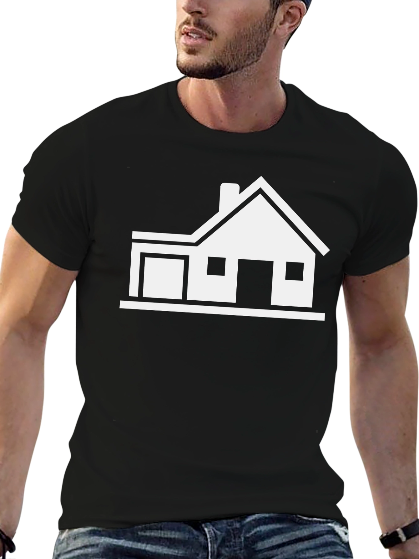 Modern House Graphic Tee - Black Cotton Blend T-Shirt