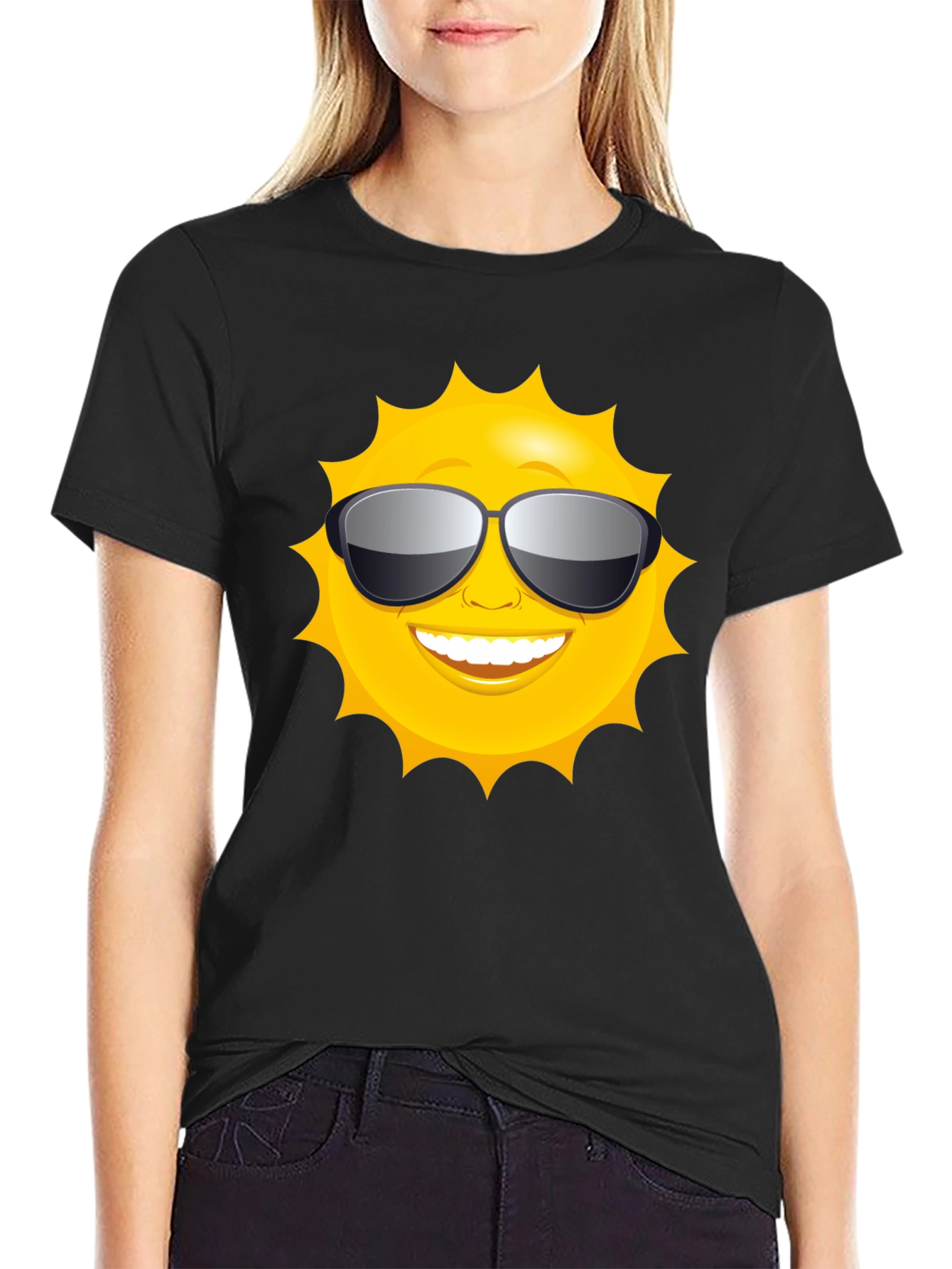 Sunny Style: Smiling Sun with Shades Black T-Shirt