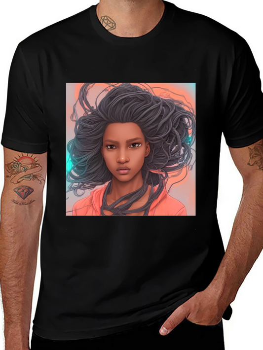 Graphic Tee: Woman with Flowing Hair on Black Cotton T-Shirt