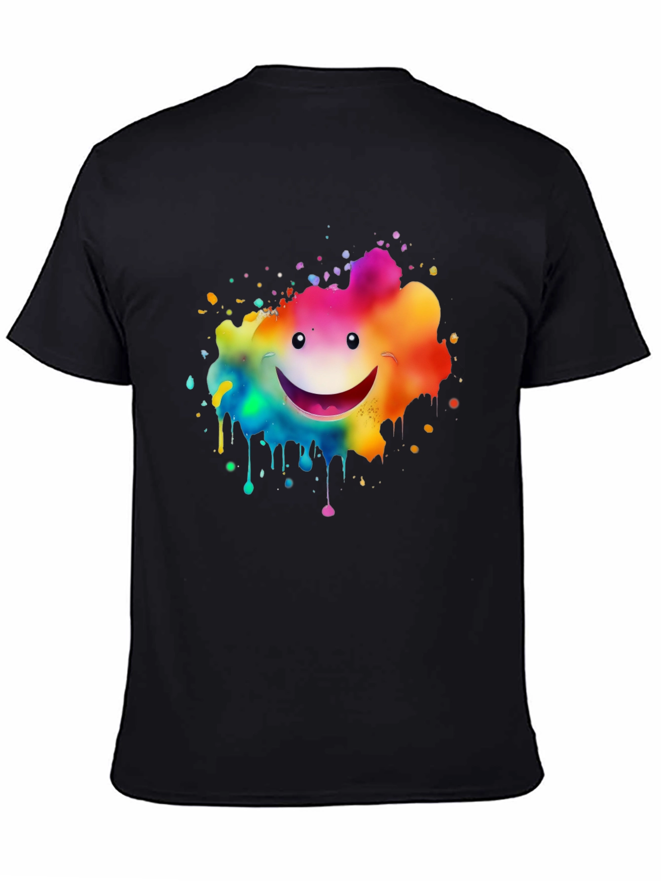 Rainbow Smiley Face Splatter Print Black T-Shirt