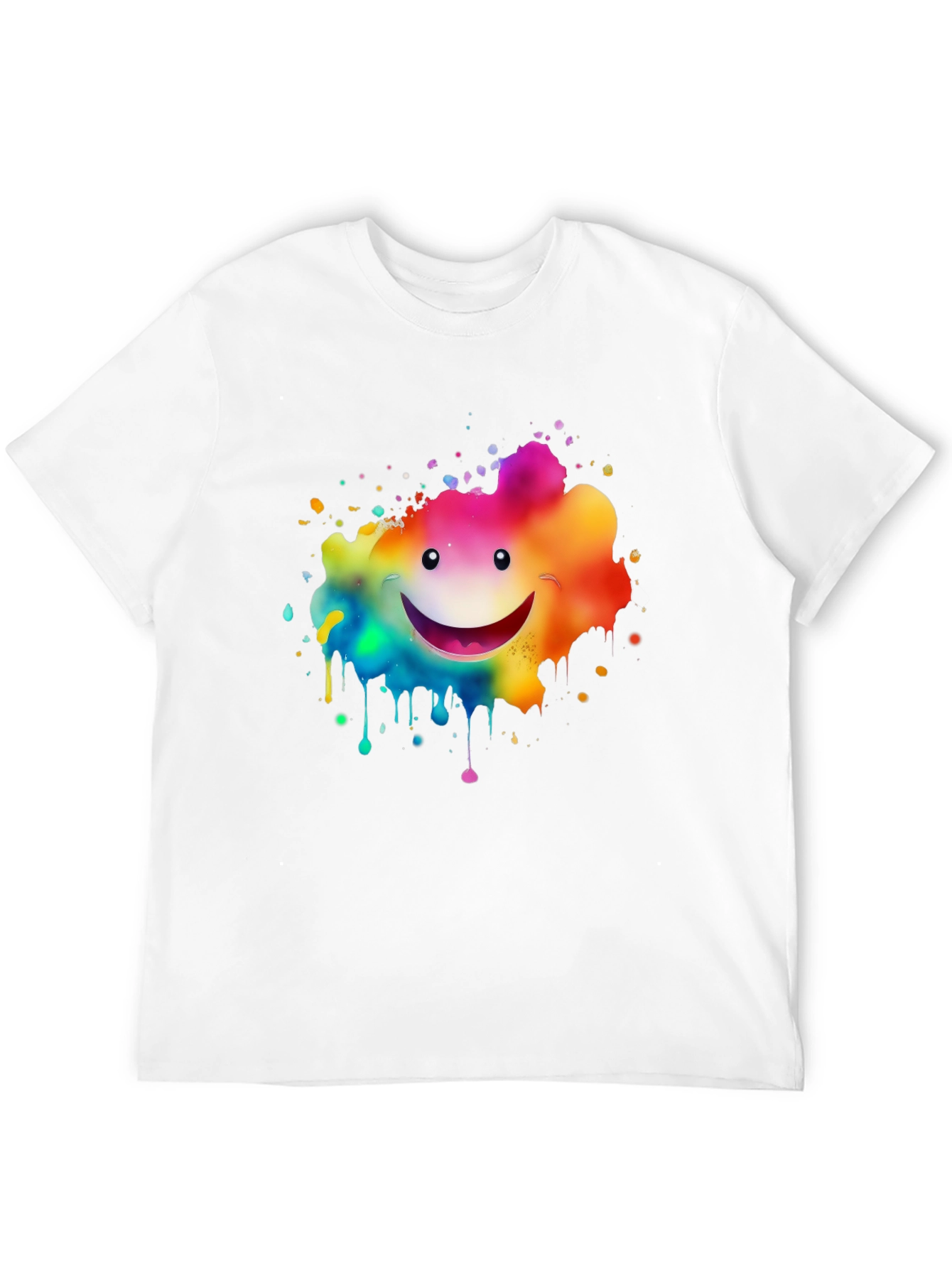 Rainbow Smiley Face Splatter Print Black T-Shirt