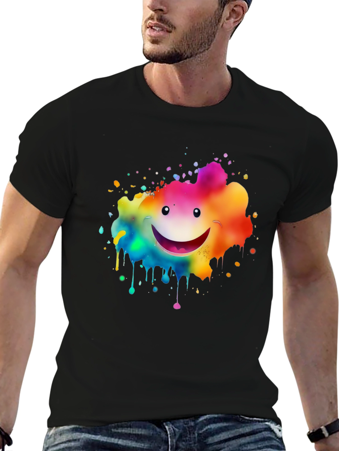 Rainbow Smiley Face Splatter Print Black T-Shirt