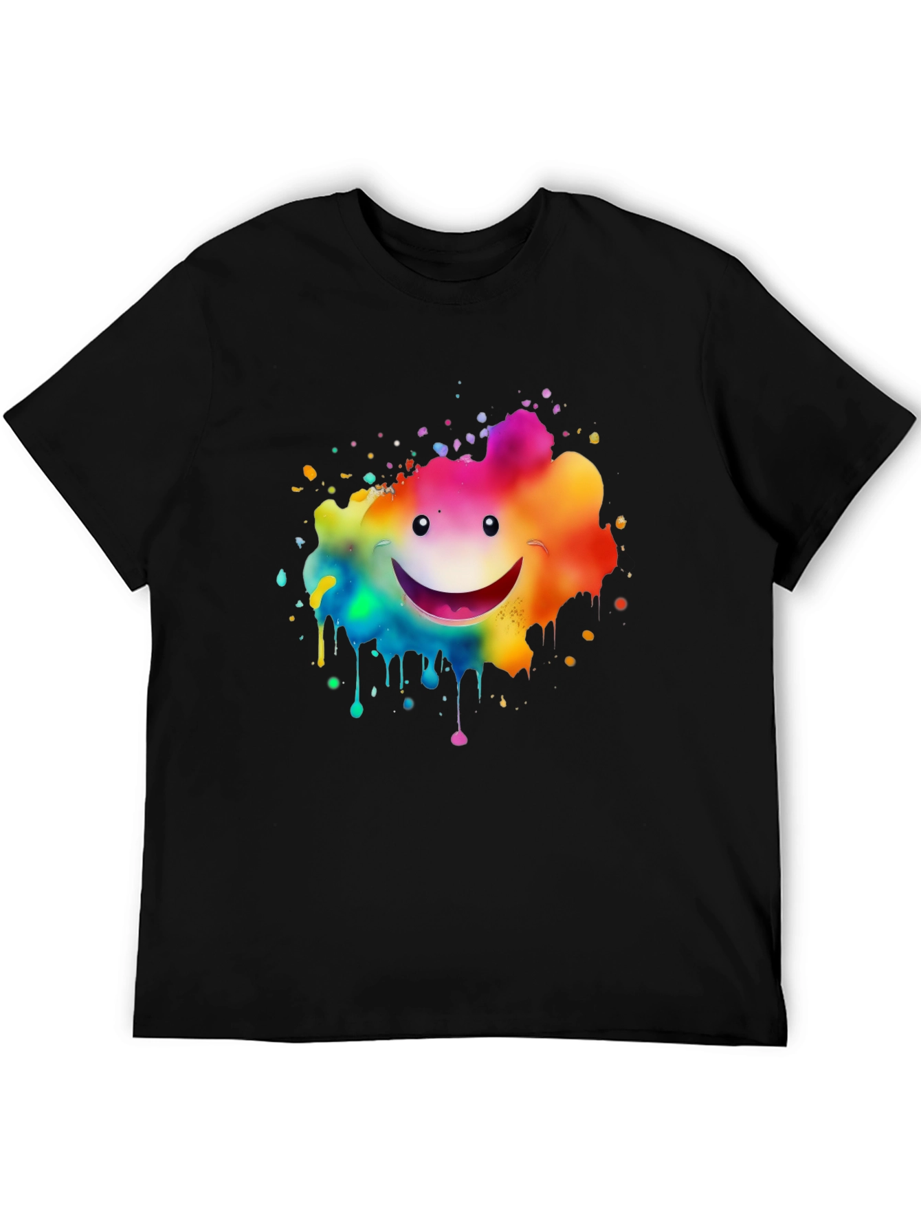 Rainbow Smiley Face Splatter Print Black T-Shirt