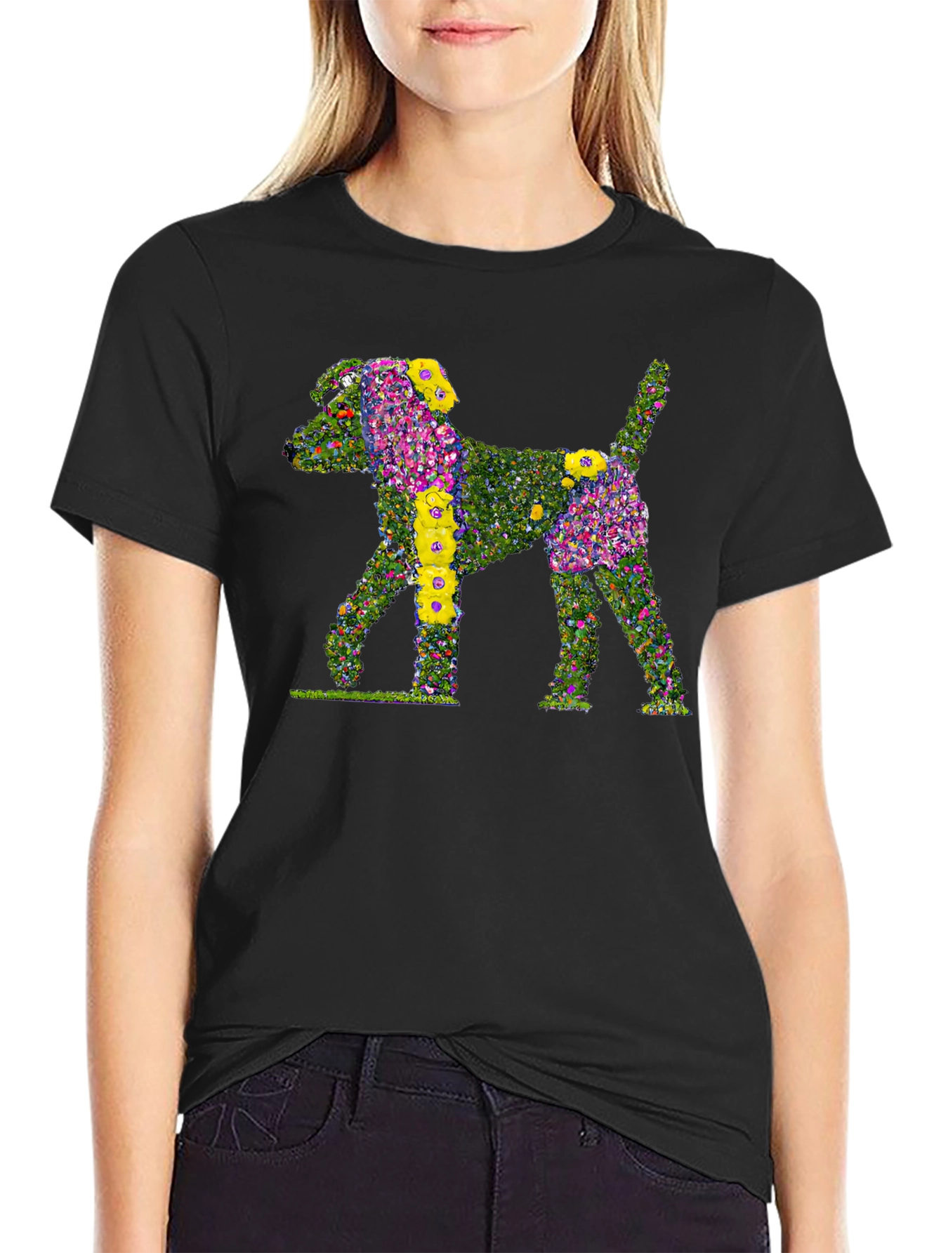 Floral Dog Print Black T-Shirt