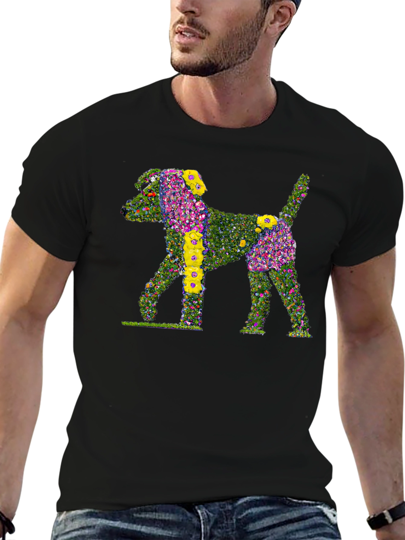 Floral Dog Print Black T-Shirt