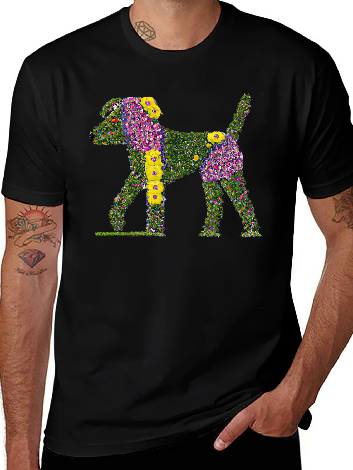 Floral Dog Print Black T-Shirt