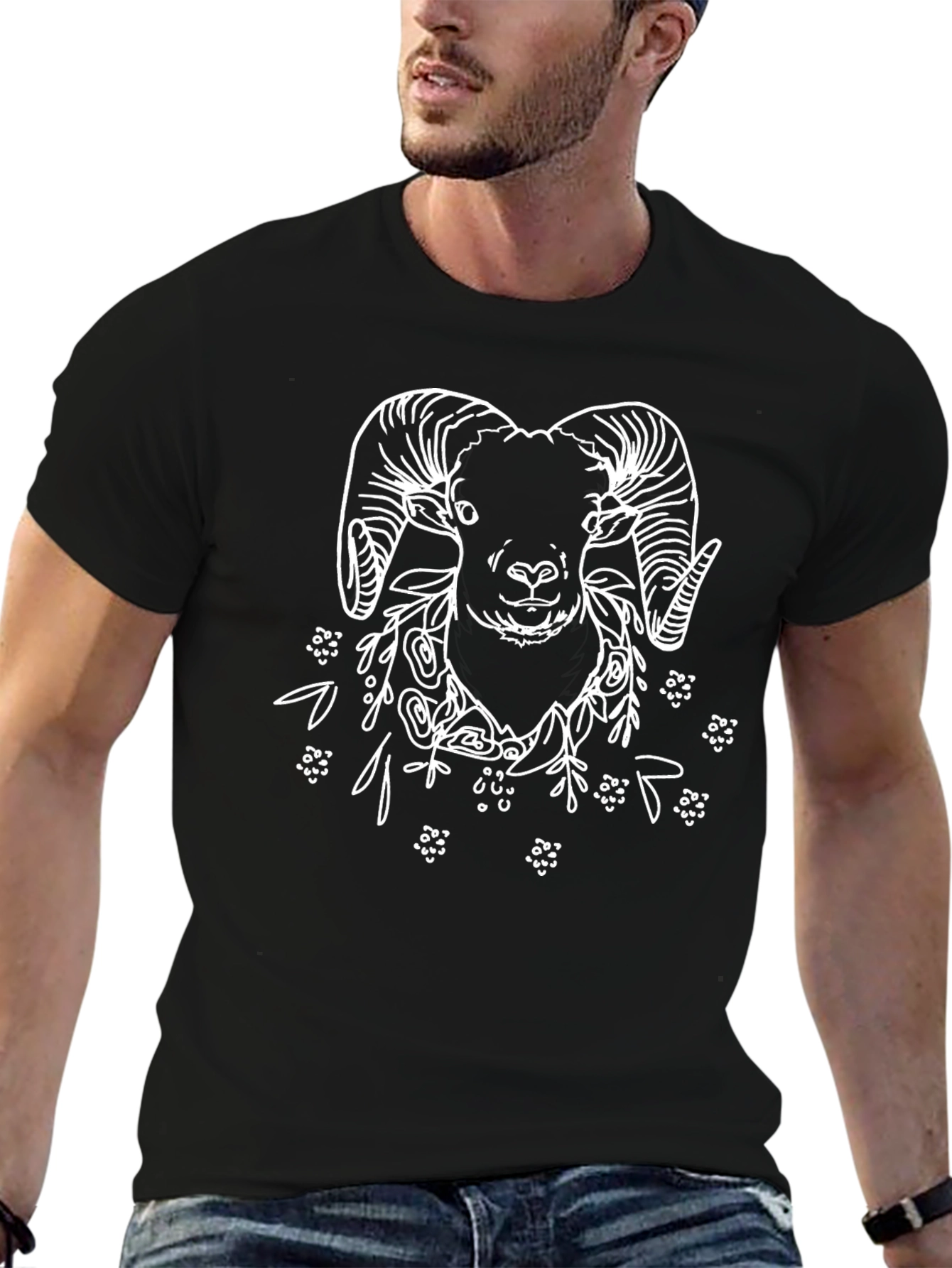 Ram Head Graphic Print Black T-Shirt