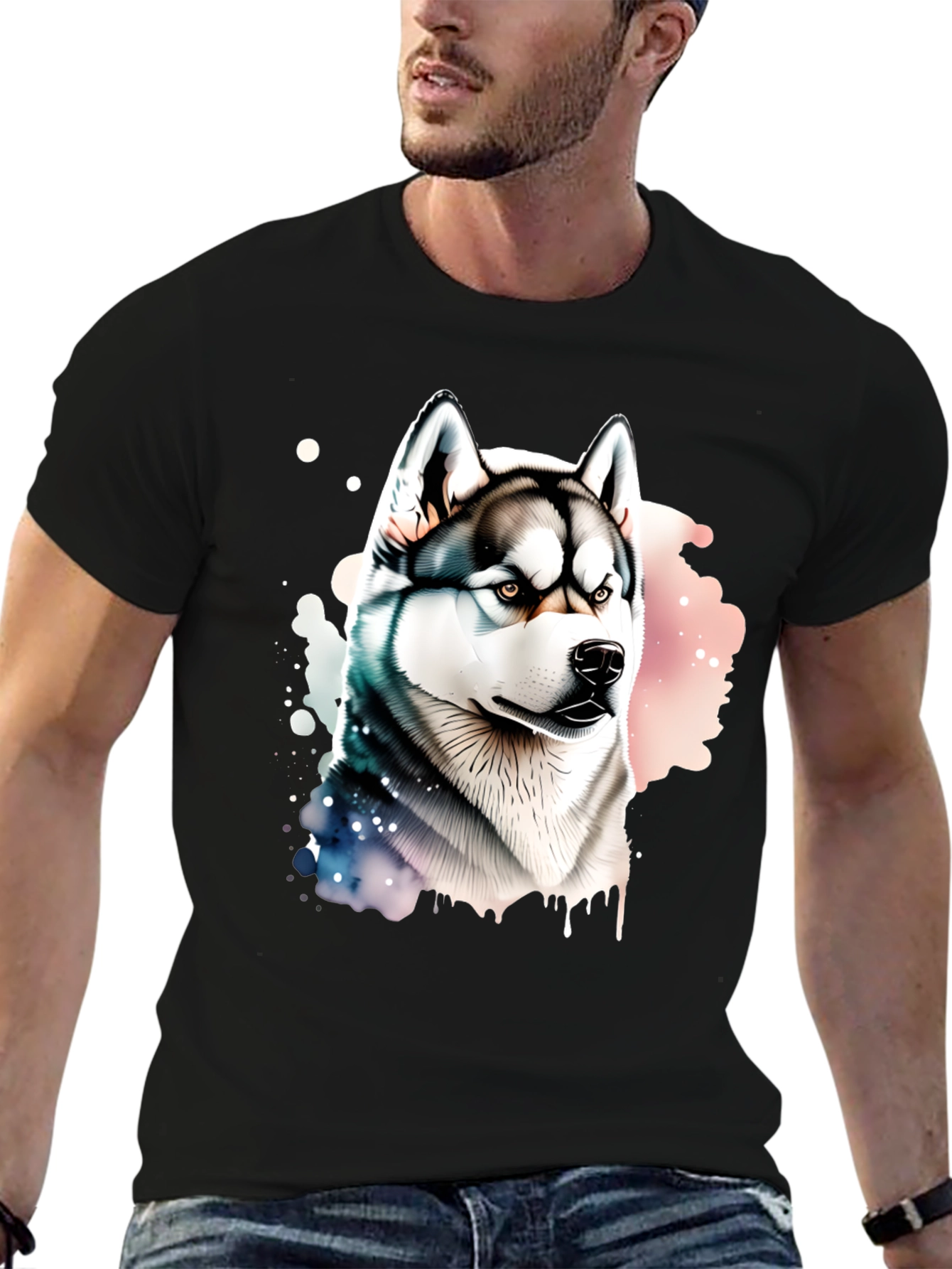 Husky Dog Graphic Print Black T-Shirt
