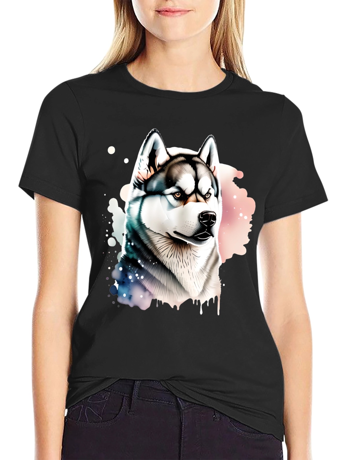 Husky Dog Graphic Print Black T-Shirt
