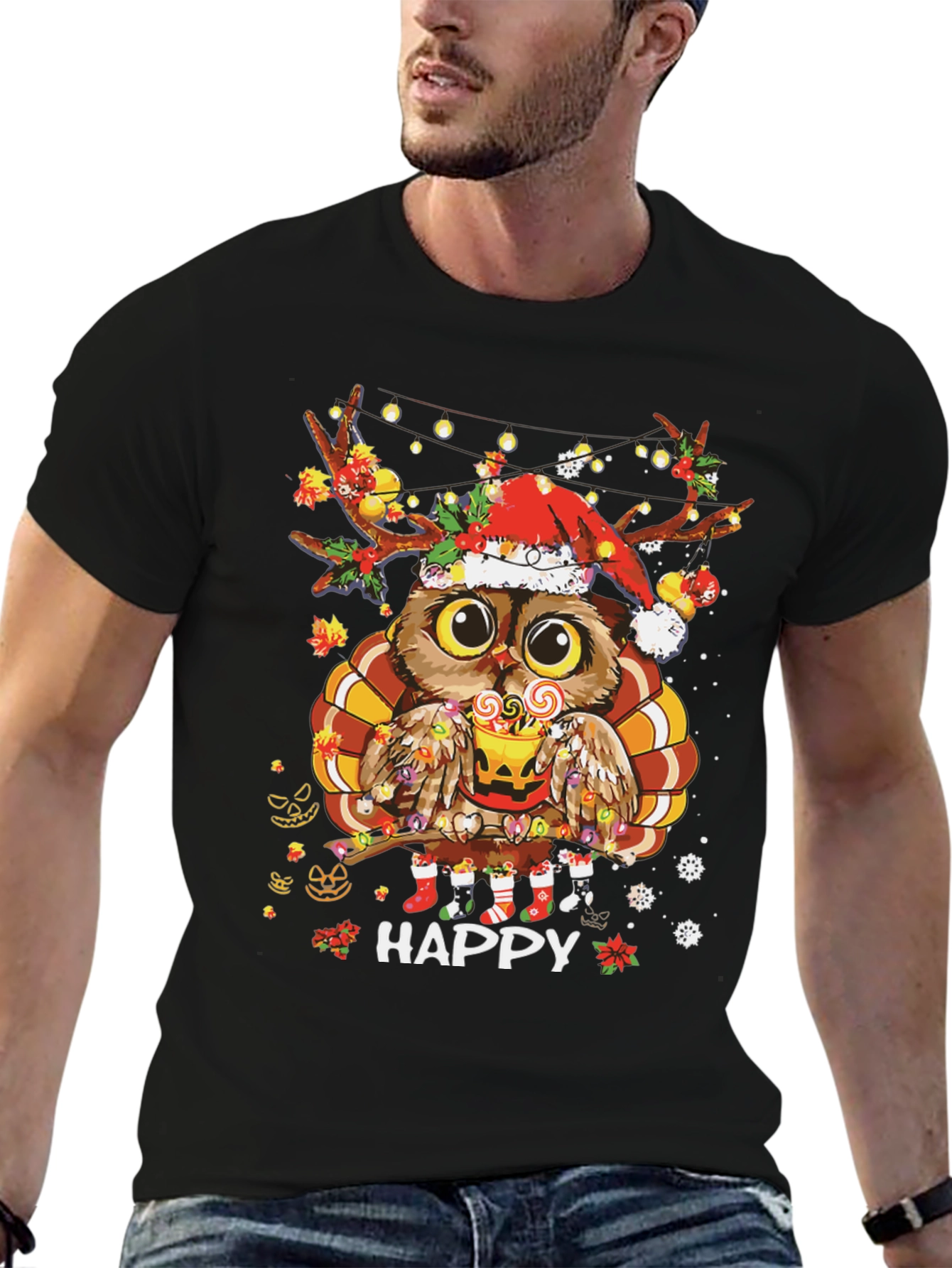 Holiday Owl T-Shirt: Happy Thanksgiving & Christmas