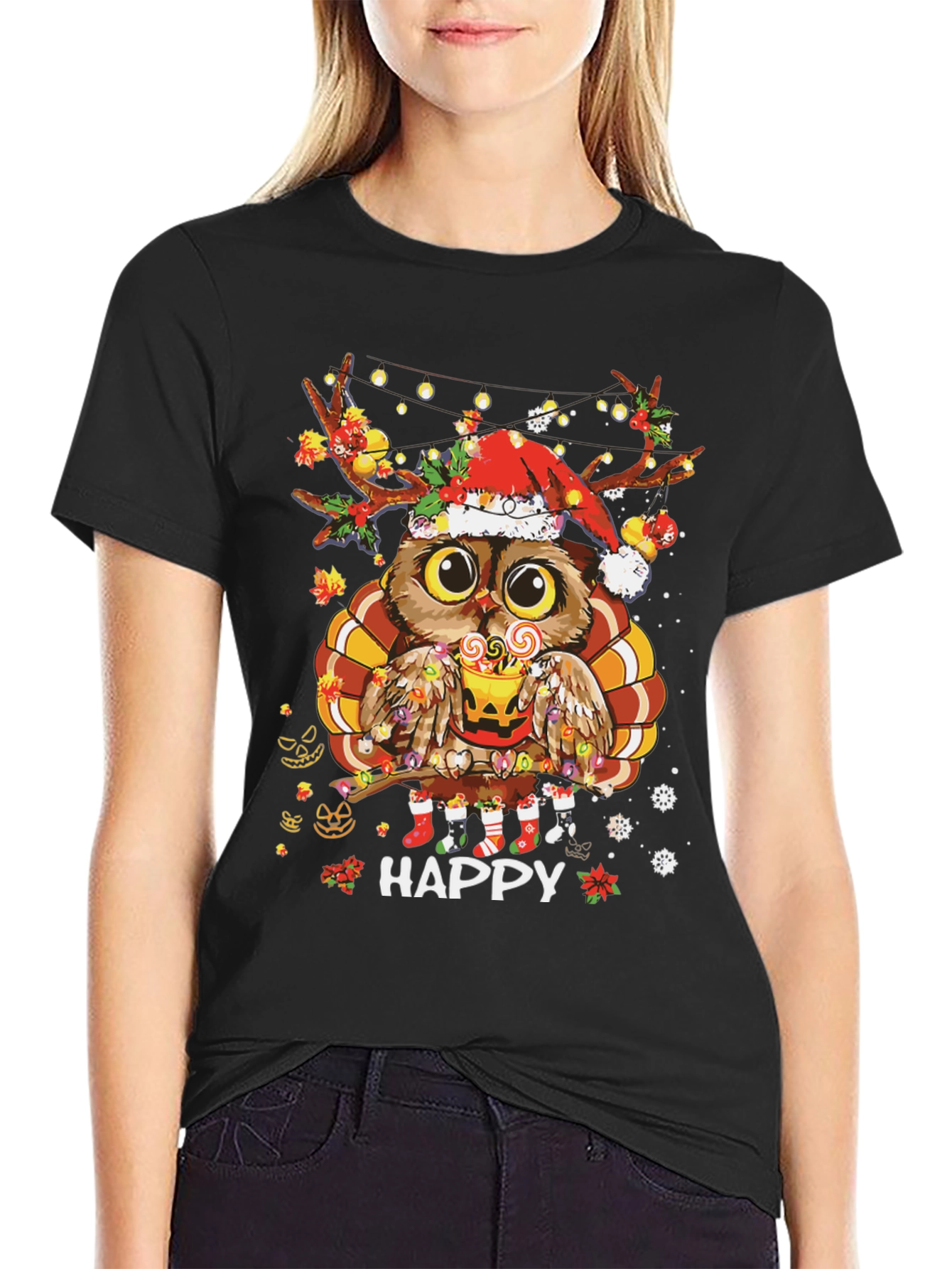 Holiday Owl T-Shirt: Happy Thanksgiving & Christmas