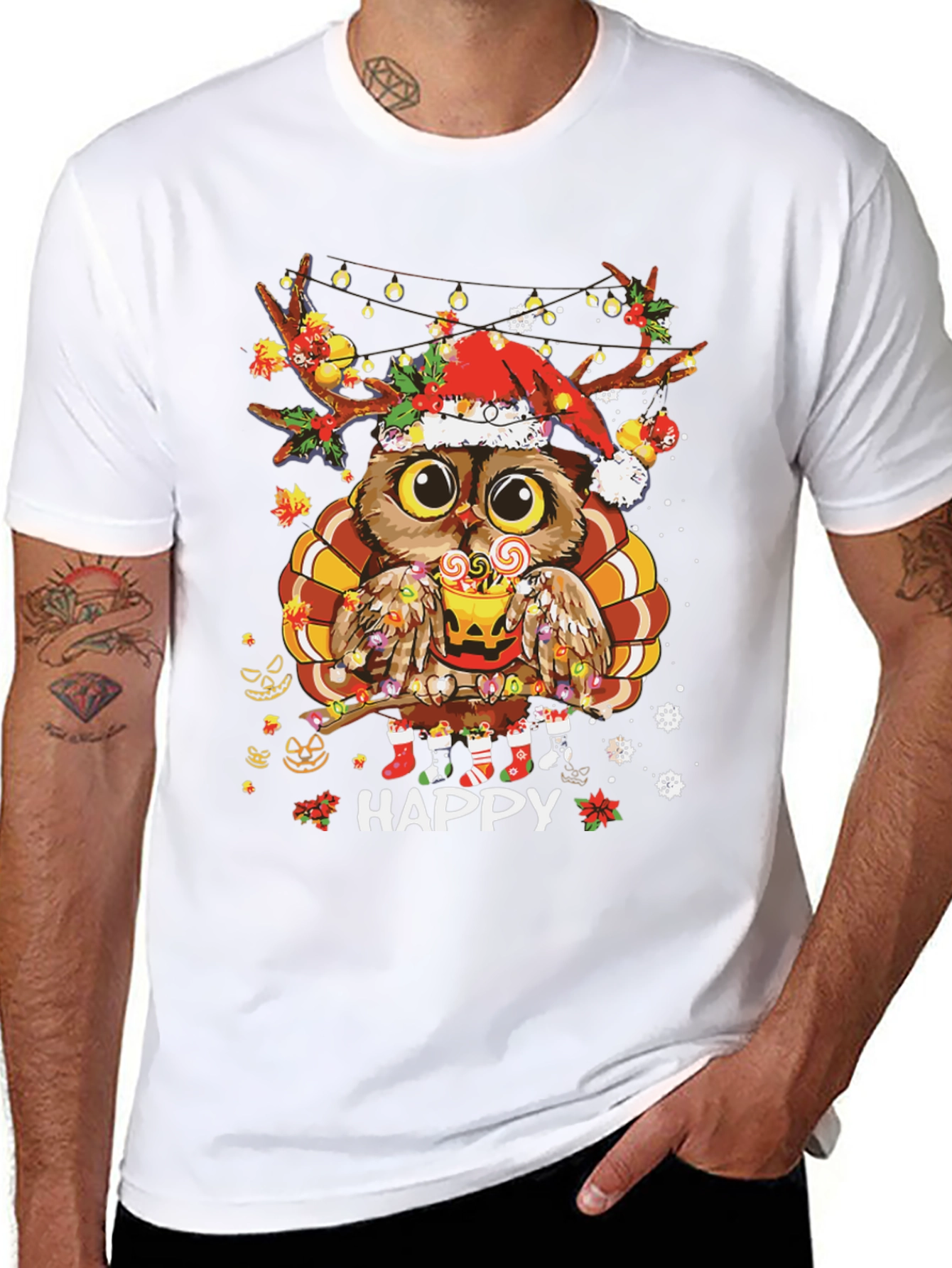 Holiday Owl T-Shirt: Happy Thanksgiving & Christmas