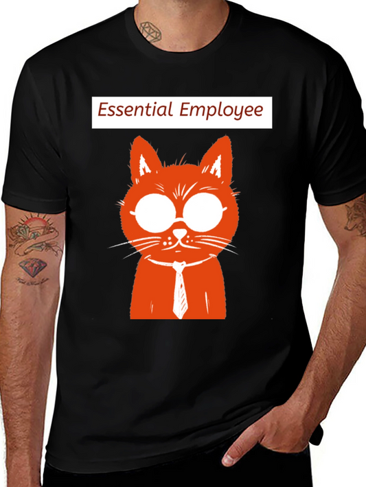 Essential Employee Cat T-Shirt - Black Crew Neck Graphic Tee