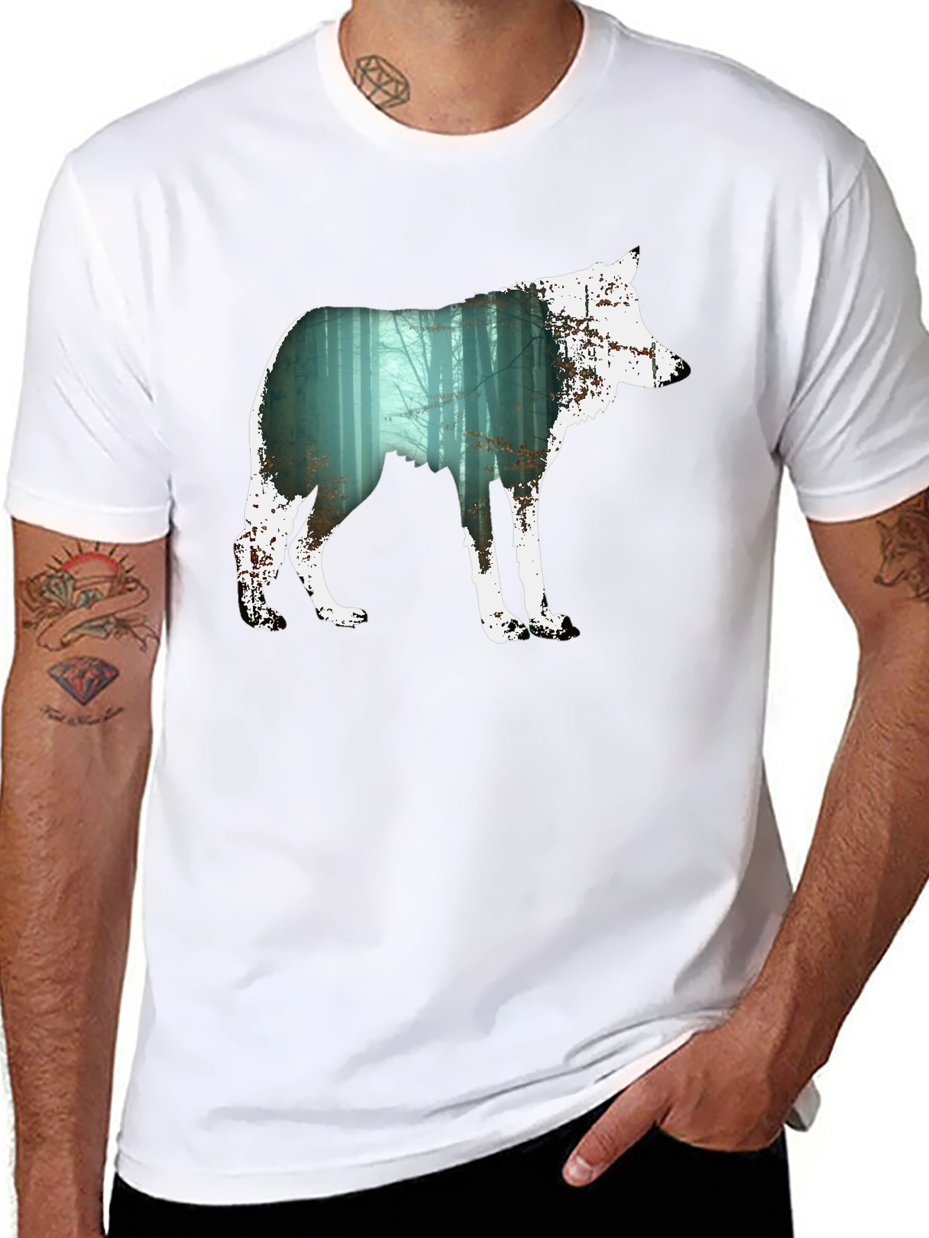 Wolf Silhouette Forest Graphic Tee - Black