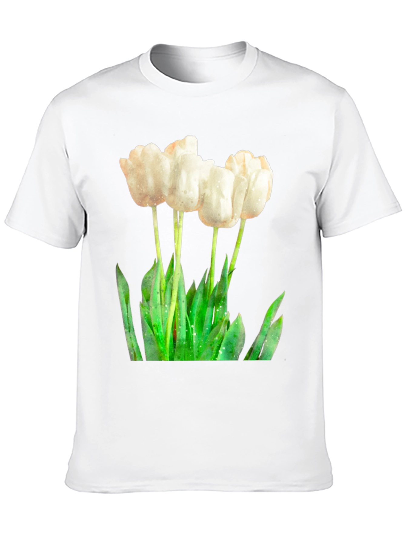 Elegant White Tulip Graphic Tee - Soft Cotton Blend