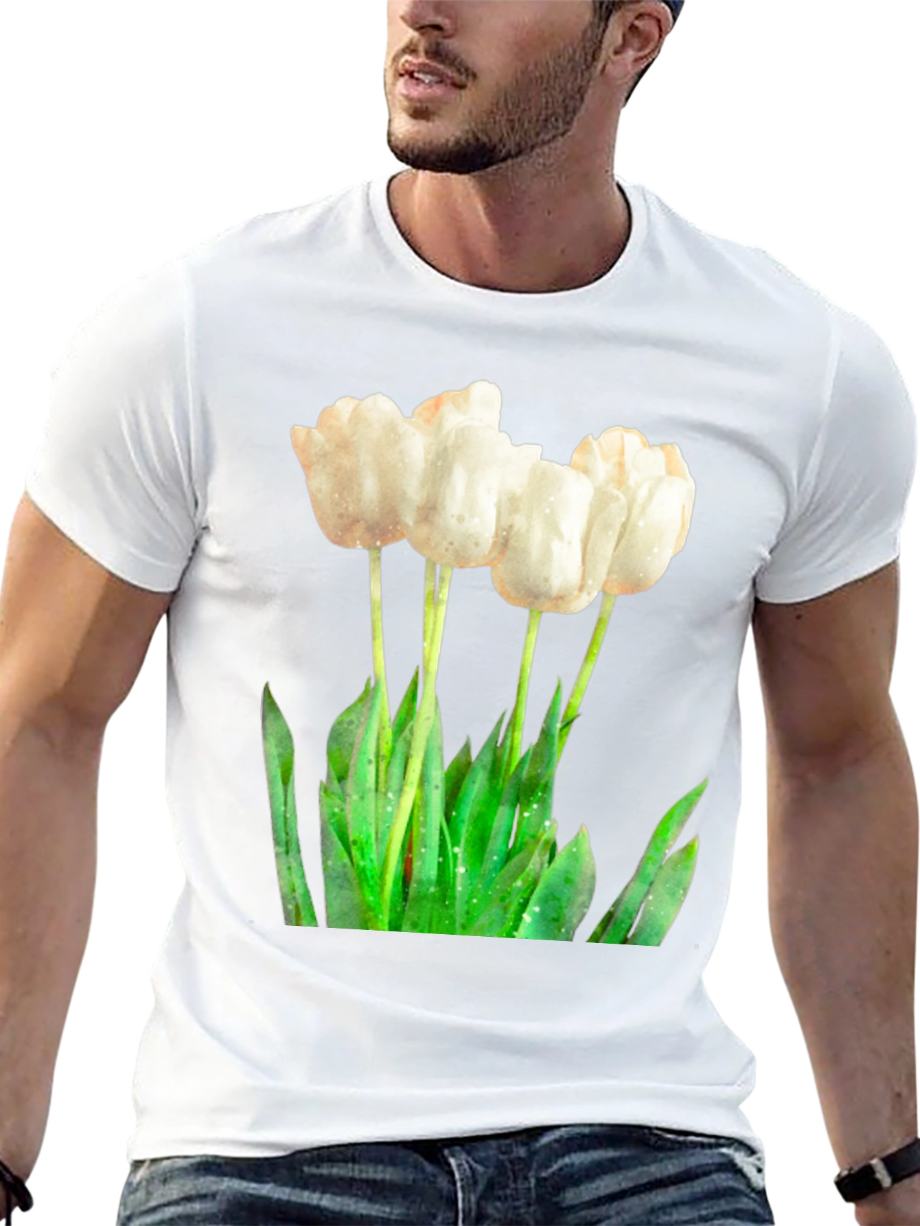 Elegant White Tulip Graphic Tee - Soft Cotton Blend