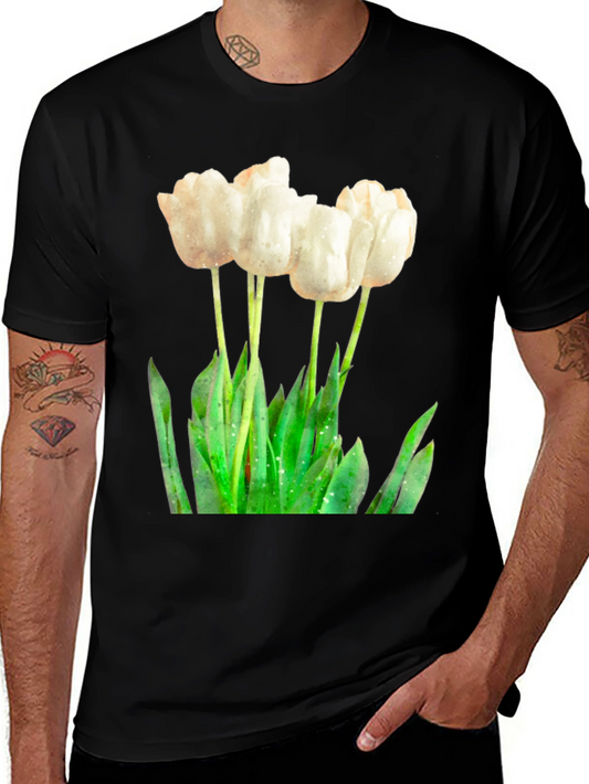 Elegant White Tulip Graphic Tee - Soft Cotton Blend