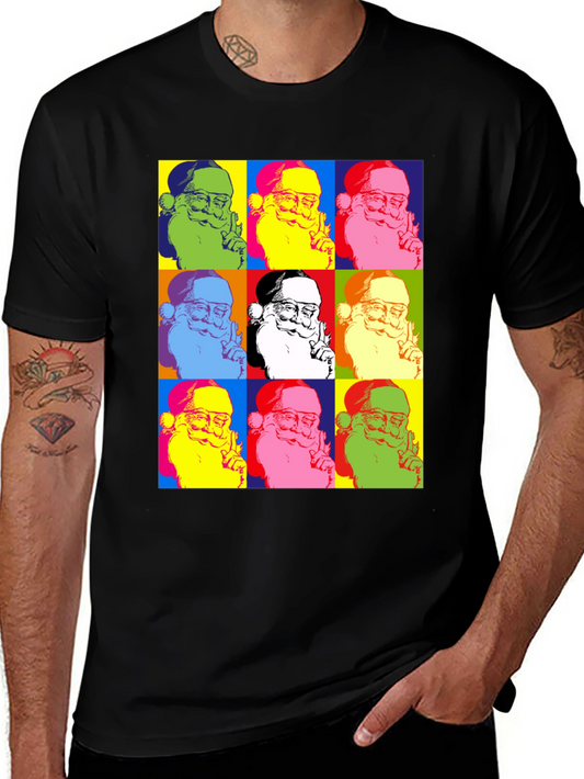 Pop Art Santa Claus Graphic Tee - Black Cotton T-Shirt