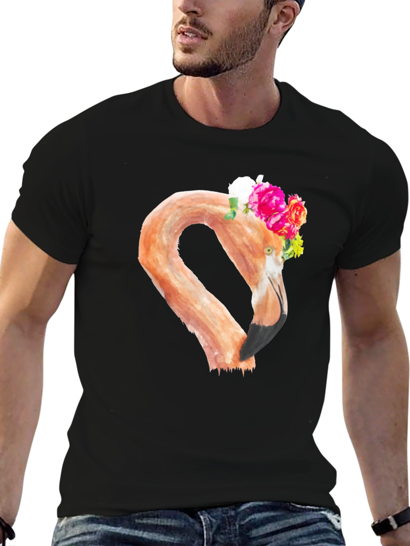 Floral Flamingo Graphic Tee - Black T-Shirt