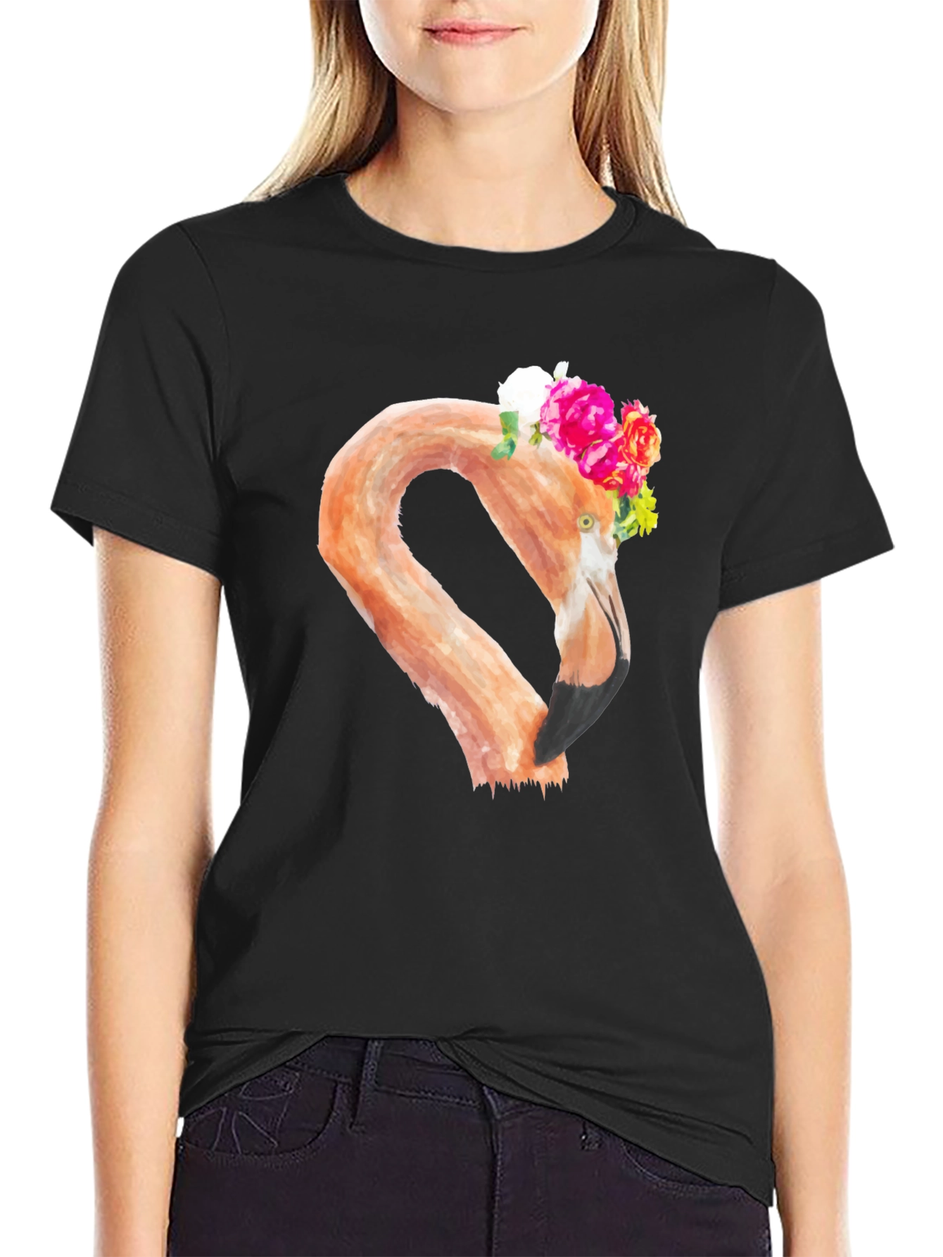 Floral Flamingo Graphic Tee - Black T-Shirt