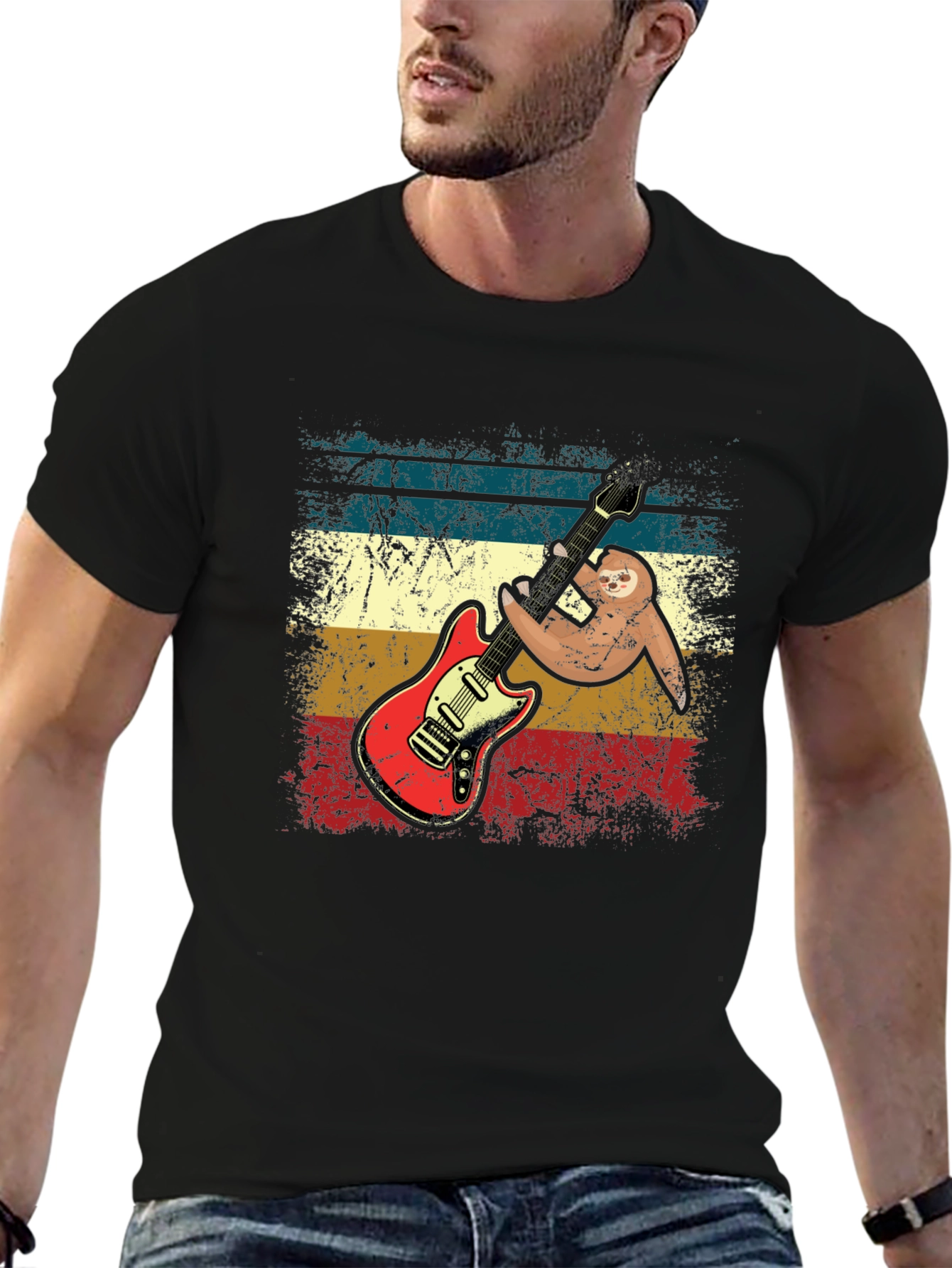 Sloth Guitar Player T-Shirt - Retro Style