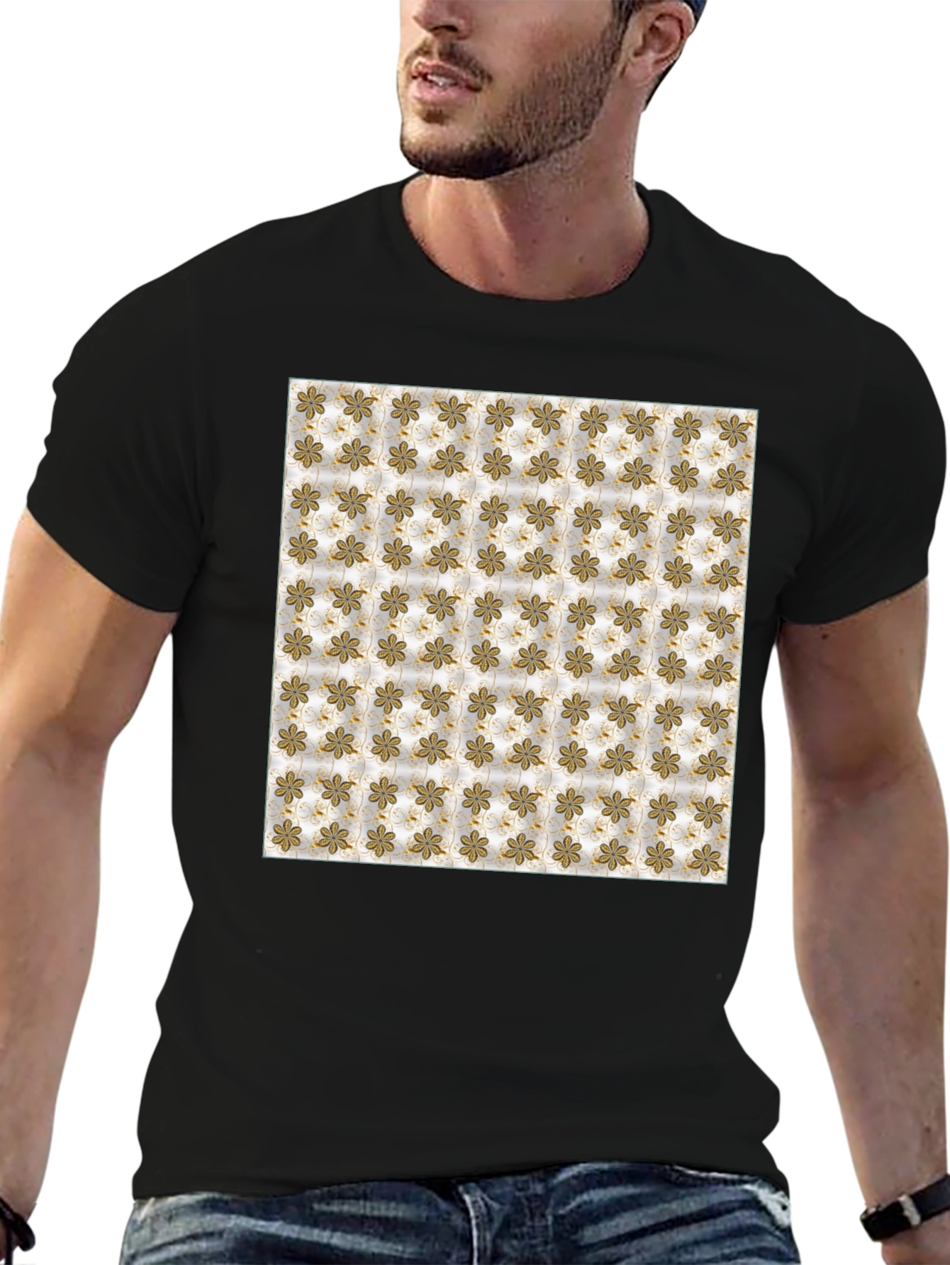 Floral Pattern Print Black T-Shirt